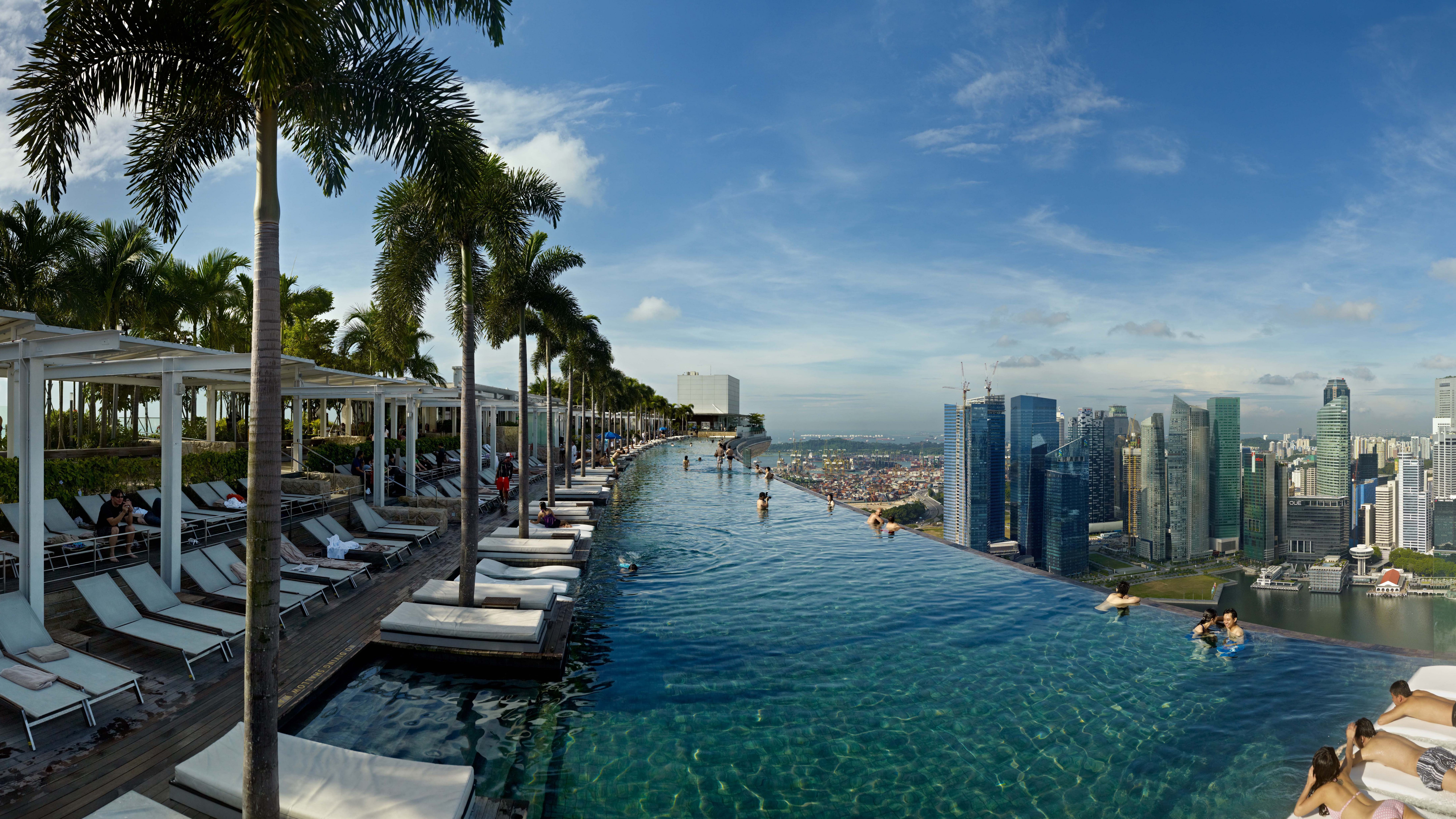 Singapore, white, booking, wooden, pool, travel, infinity pool, Marina Bay Sands, casino, lounge, 8K, chairs, hotel, HD Wallpaper