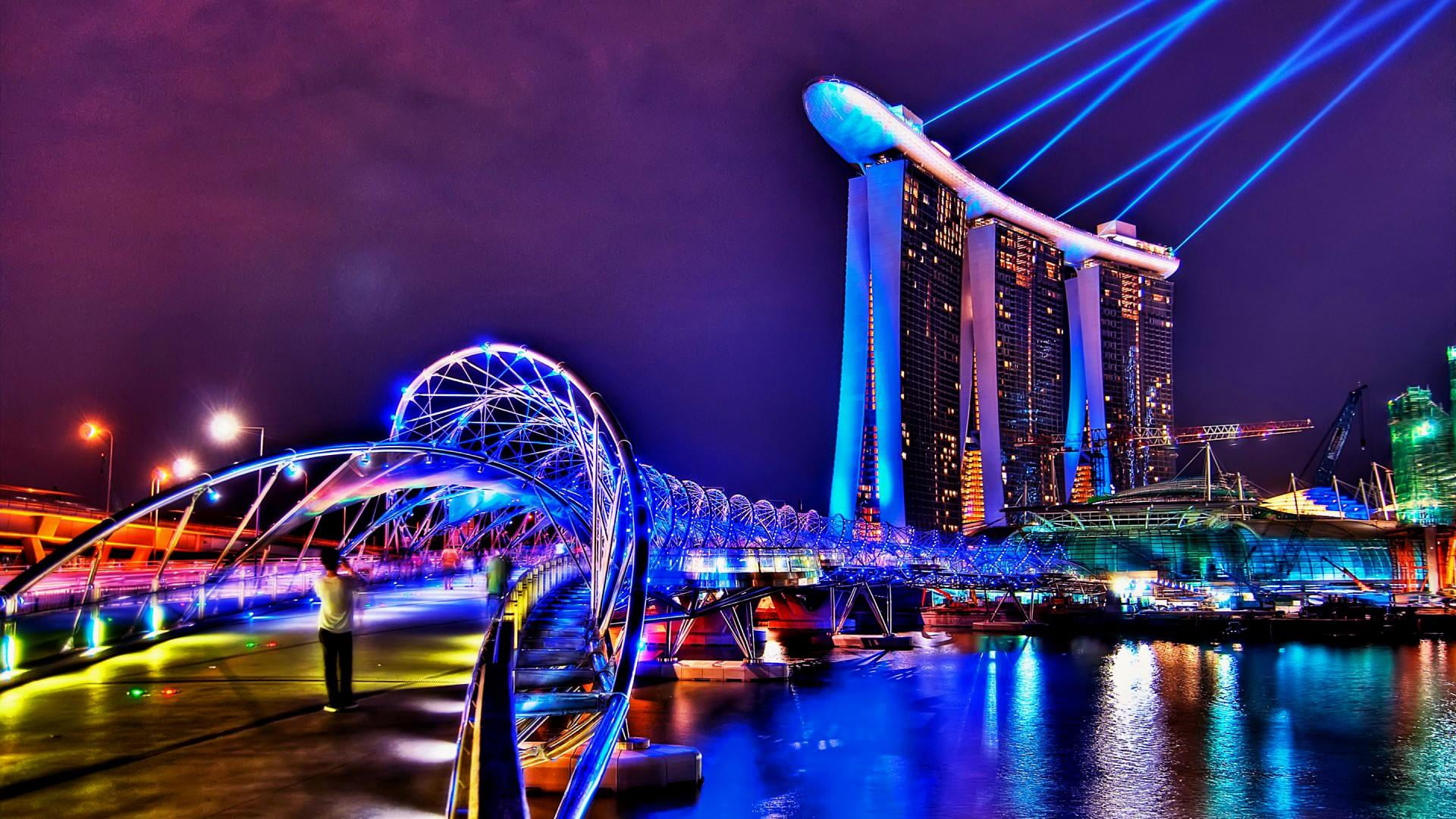 light, multi colored, modern, illuminated, nightlife, singapore, city, hotel, reflection, purple, office building exterior, no people, waterfront, connection, HD Wallpaper