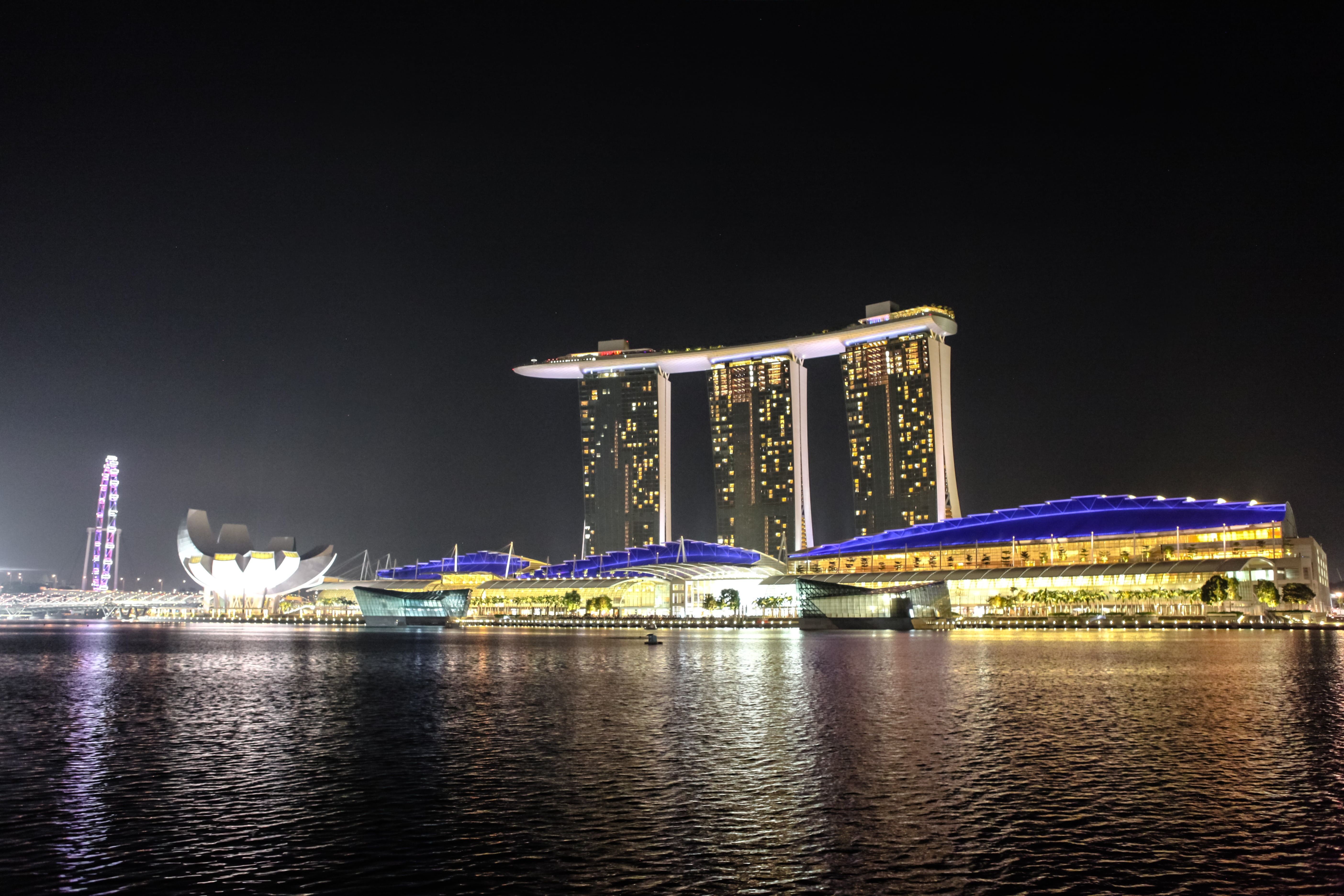 beside, singapore, no people, body, reflection, marina Bay, urban Scene, luxury, building exterior, night photograph, waterfront, illuminated, water, travel, HD Wallpaper