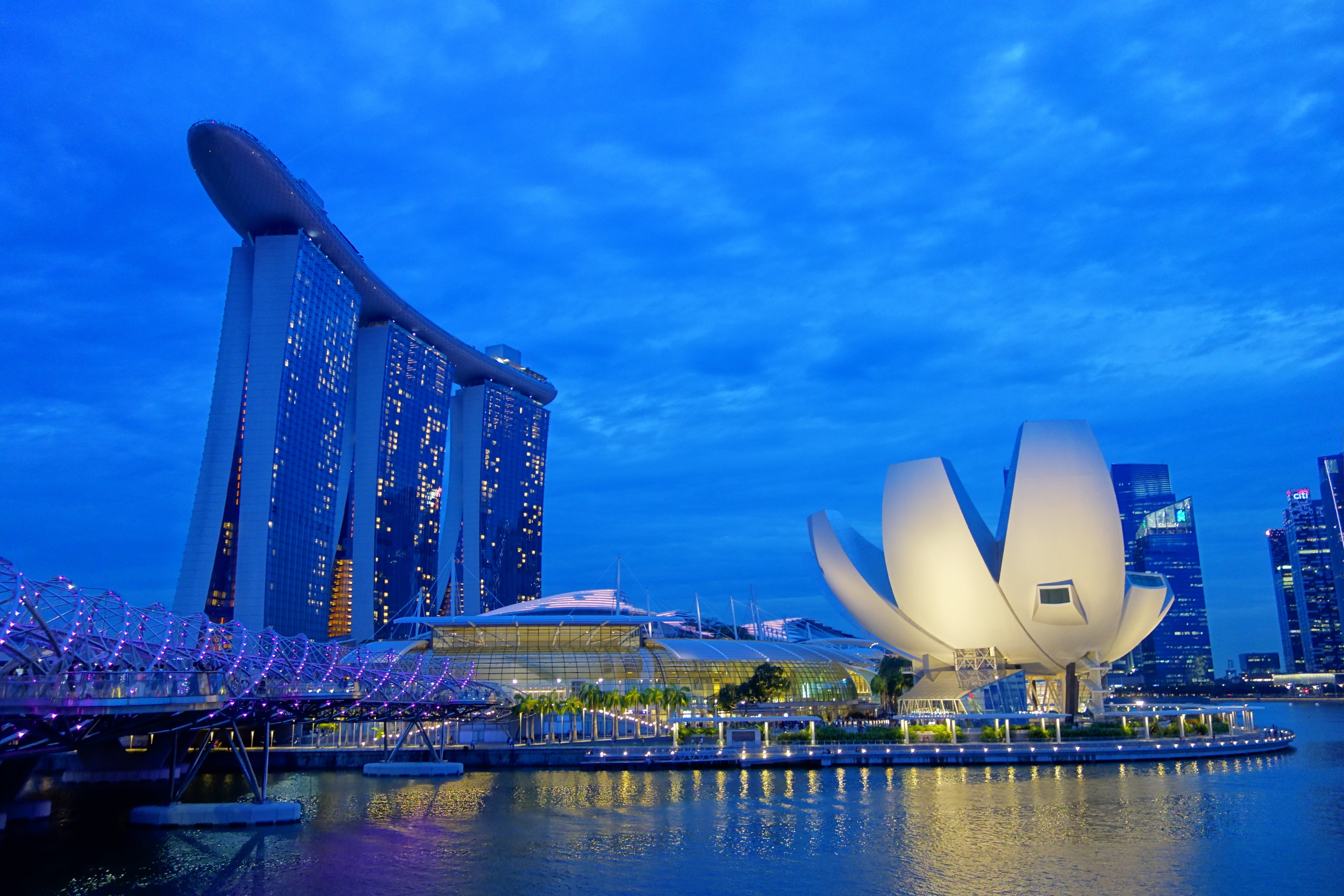 nature, office building exterior, singapore, architecture, asia, luxury, business, marina Bay, night view, skyscraper, urban Skyline, water, bay, marina Bay Sands Hotel, HD Wallpaper
