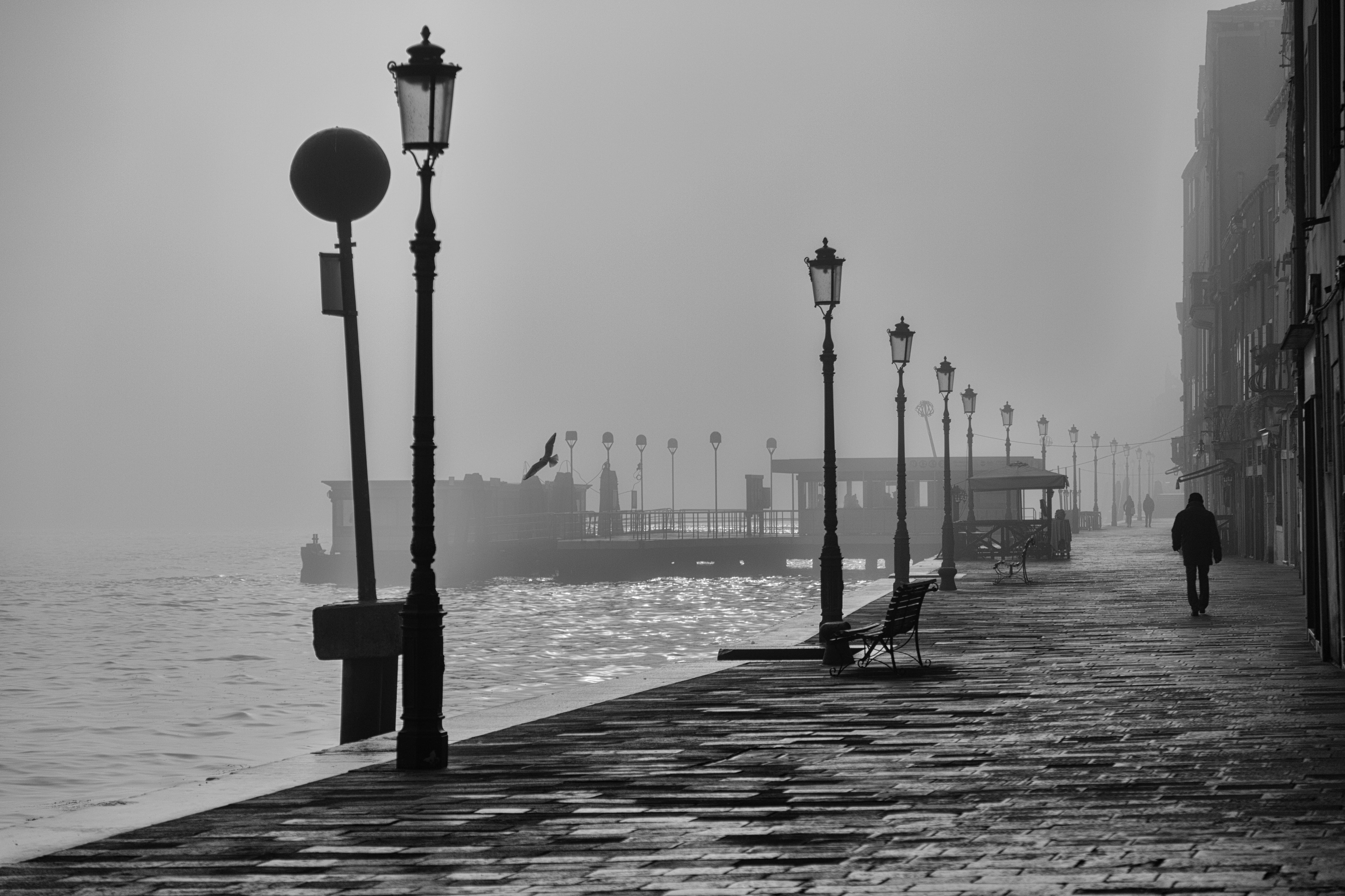 transportation, promenade, architecture, street, nature, jetty, lamps, walking, person, city, pavement, post, lamp, building, cloud, walkway, esplanade, HD Wallpaper