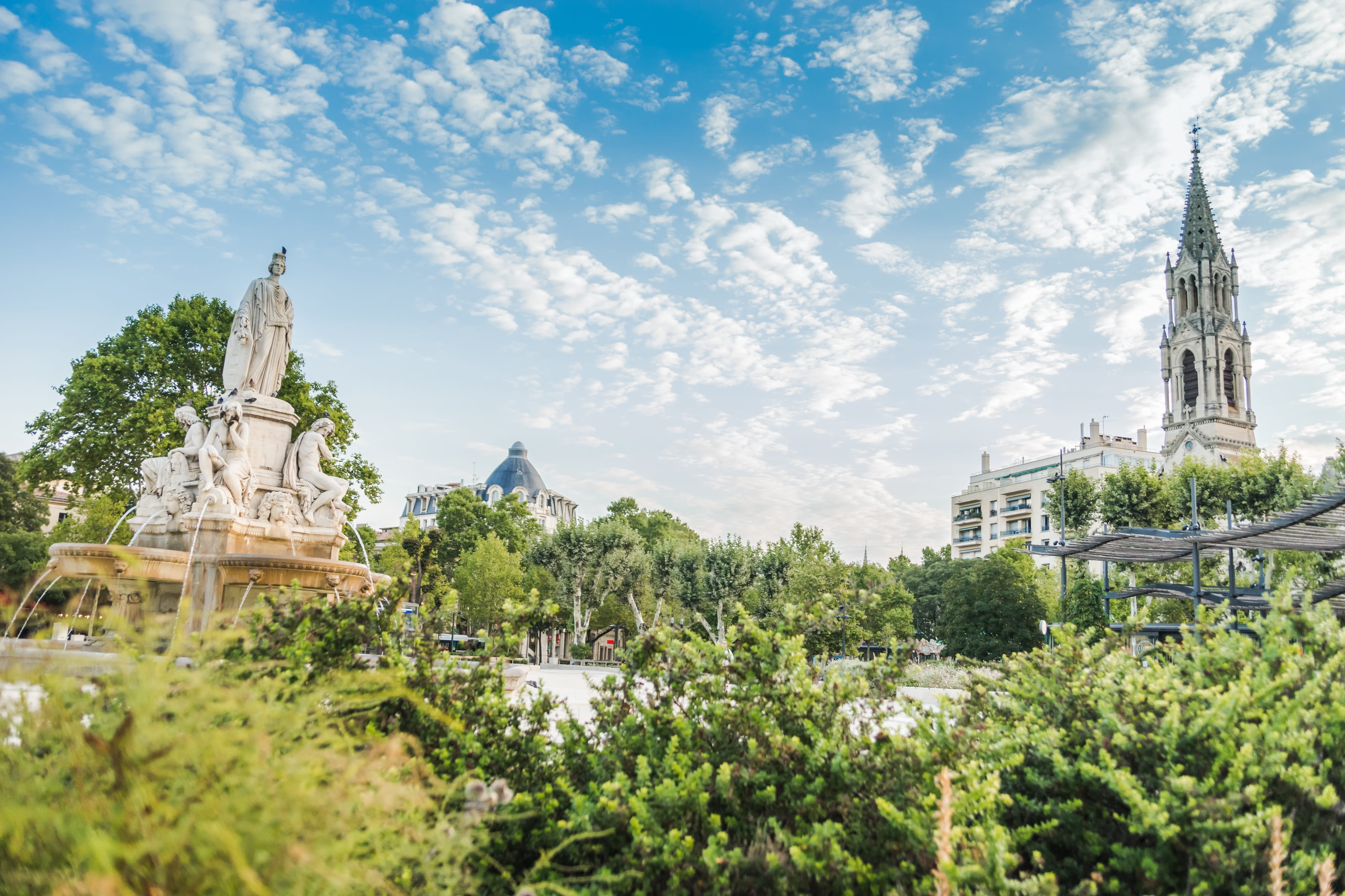 travel destinations, plant, spirituality, spire, travel, 2K, sainte-perpetue, sky, building, belief, built structure, hdr, church, fountain, esplanade, HD Wallpaper