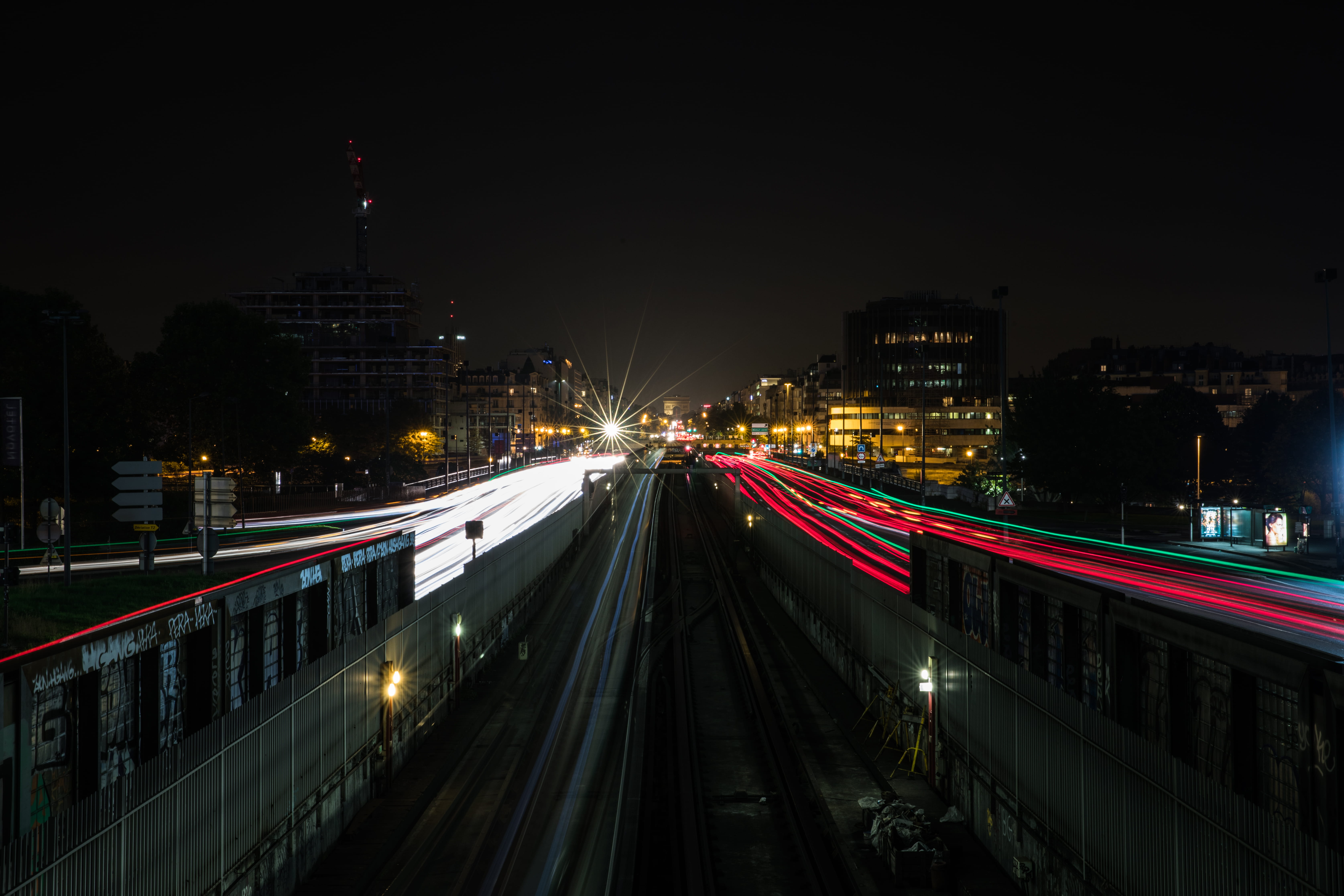 urban, transportation, road, 5K, sky, motion, long exposure, architecture, france, built structure, building exterior, illuminated, street, light trail, HD Wallpaper