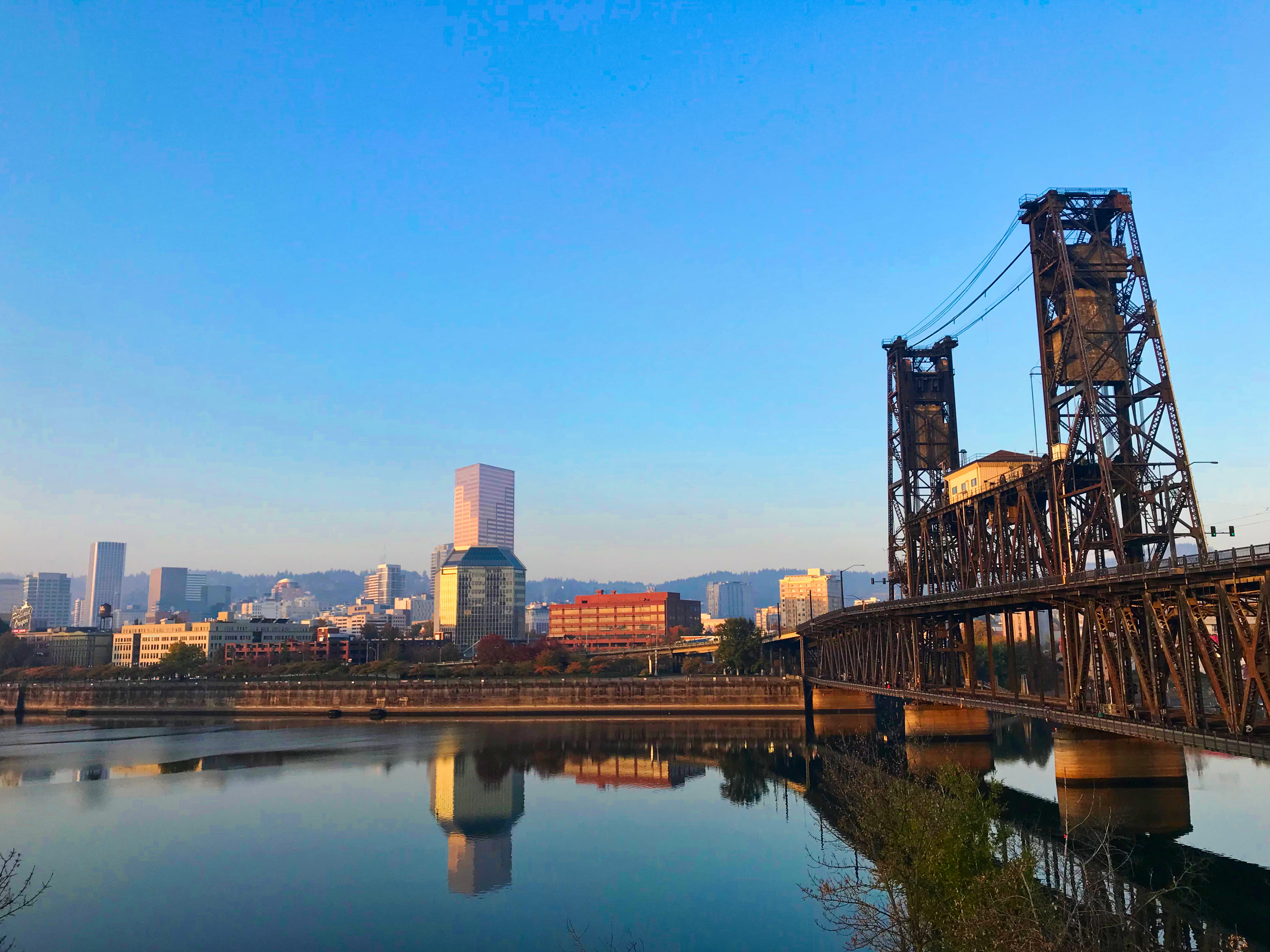 landscape, industry, waterfront, reflection, cityscape, united states, blue, portland, bridge, city, built structure, river, architecture, building, eastbank esplanade, HD Wallpaper