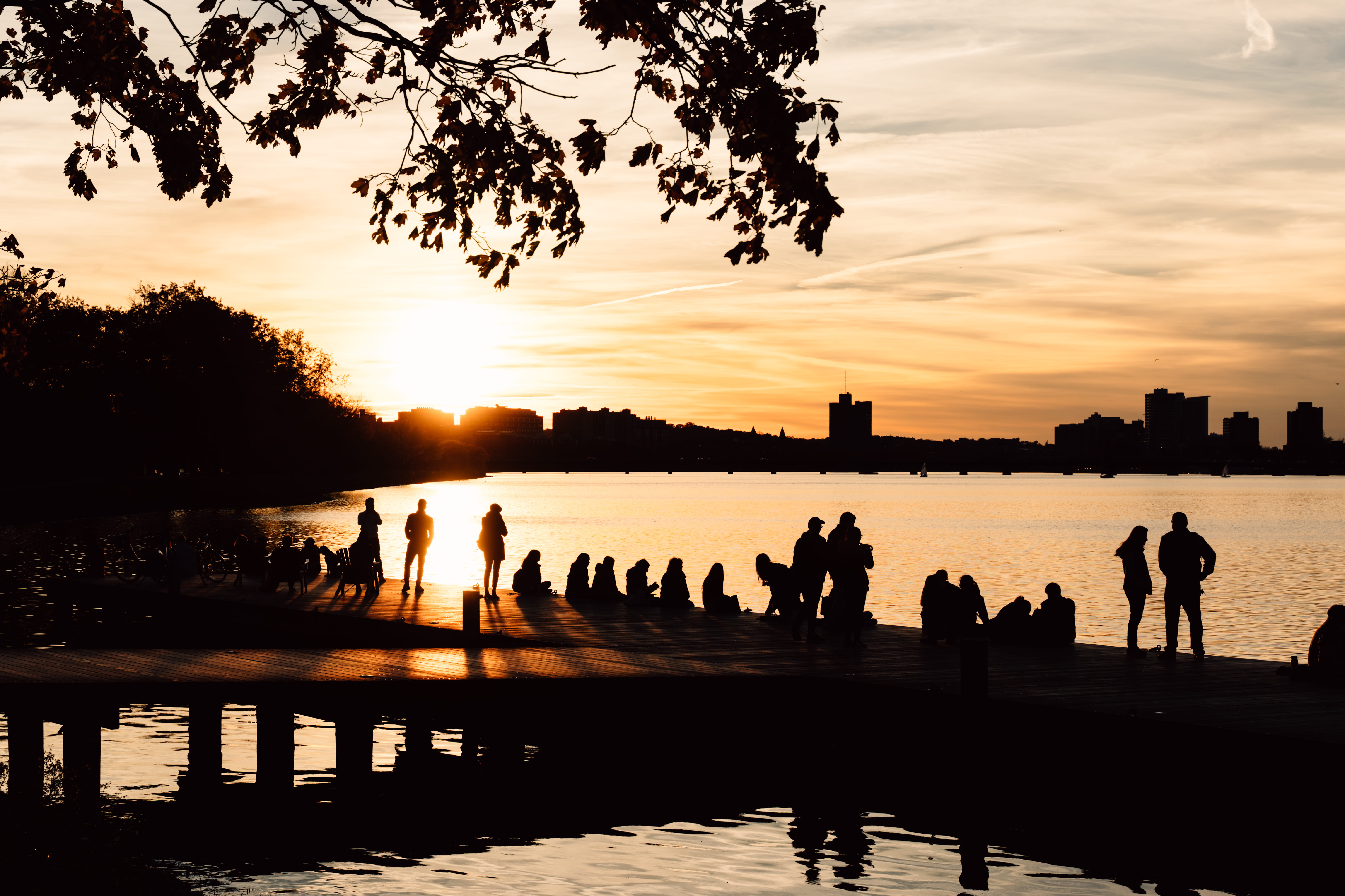 built structure, charles, men, nature, real people, leisure activity, water, silhouette, sky, architecture, sunset, reflection, 5K, plant, united states, HD Wallpaper
