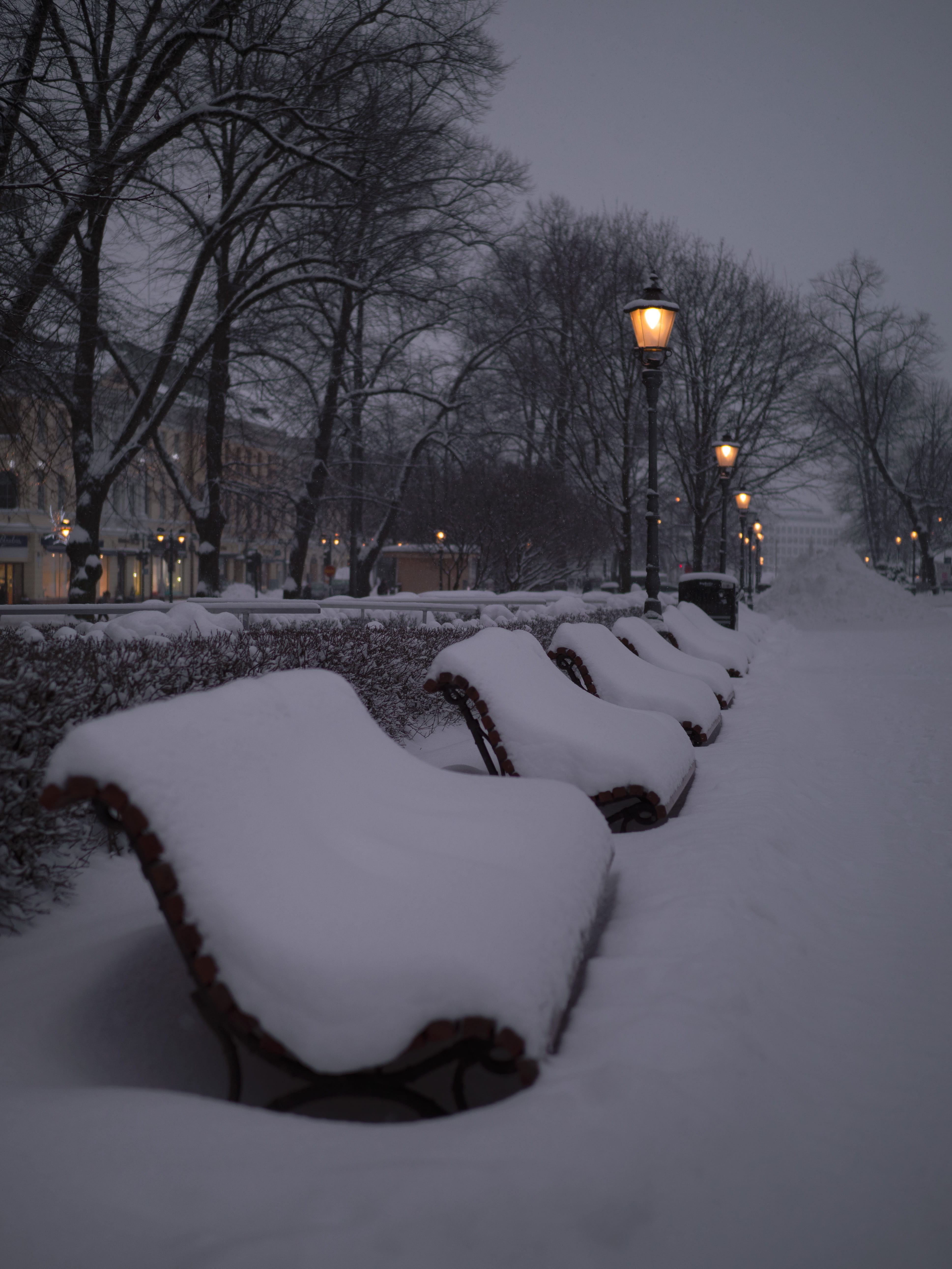 illuminated, snowing, helsinki, furniture, built structure, park chair, outdoors, covering, storm, esplanade park, white color, light, architecture, street light, Phone HD Wallpaper