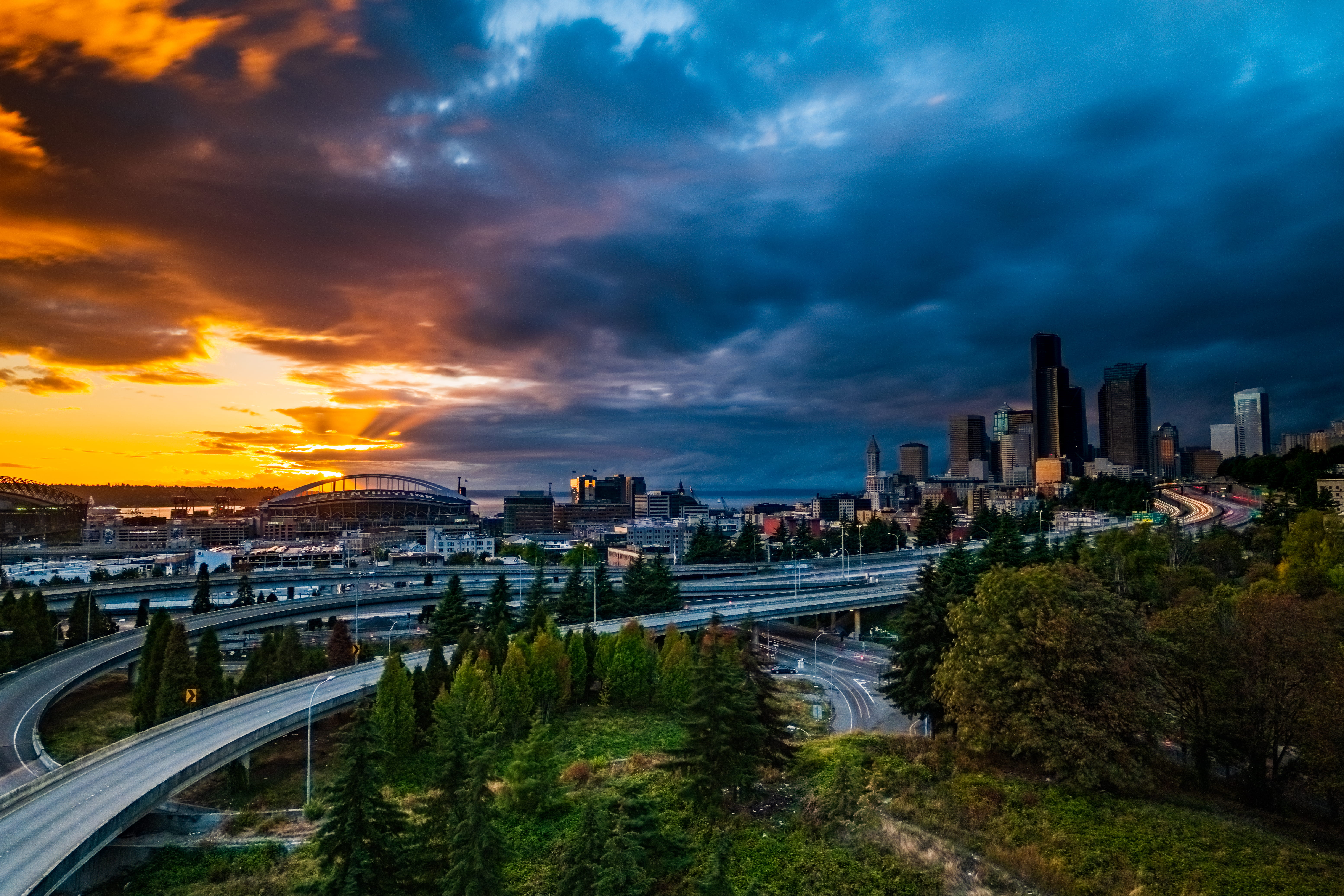 nature, blue, overpass, sunset, seattle, cityscape, office building exterior, convention center, landscape, town, urban, city, outdoors, boardwalk, mode of transportation, HD Wallpaper