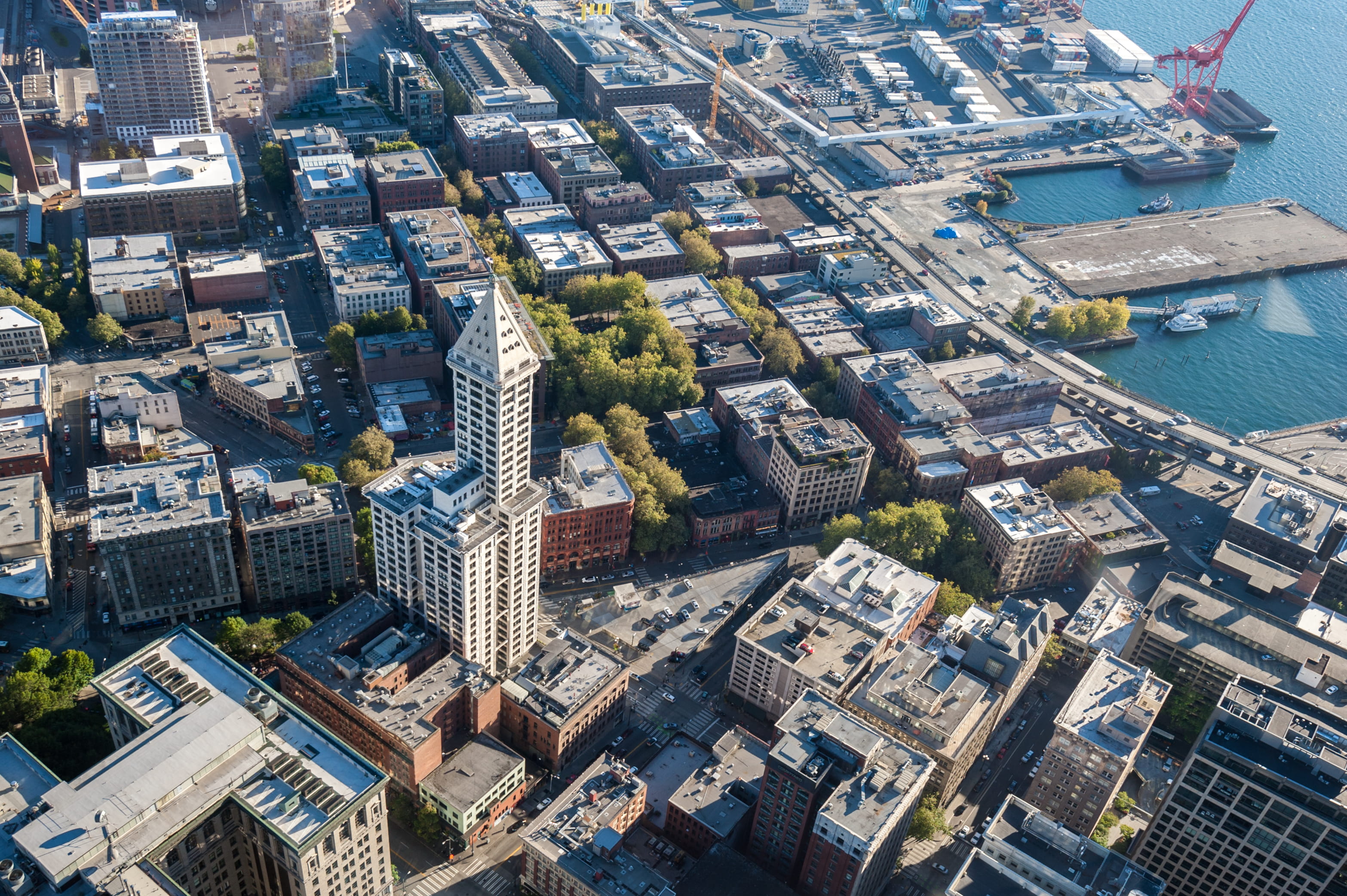 columbia center, financial district, transportation, outdoors, 2K, seattle, office building exterior, city, aerial view, architecture, water, no people, HD Wallpaper