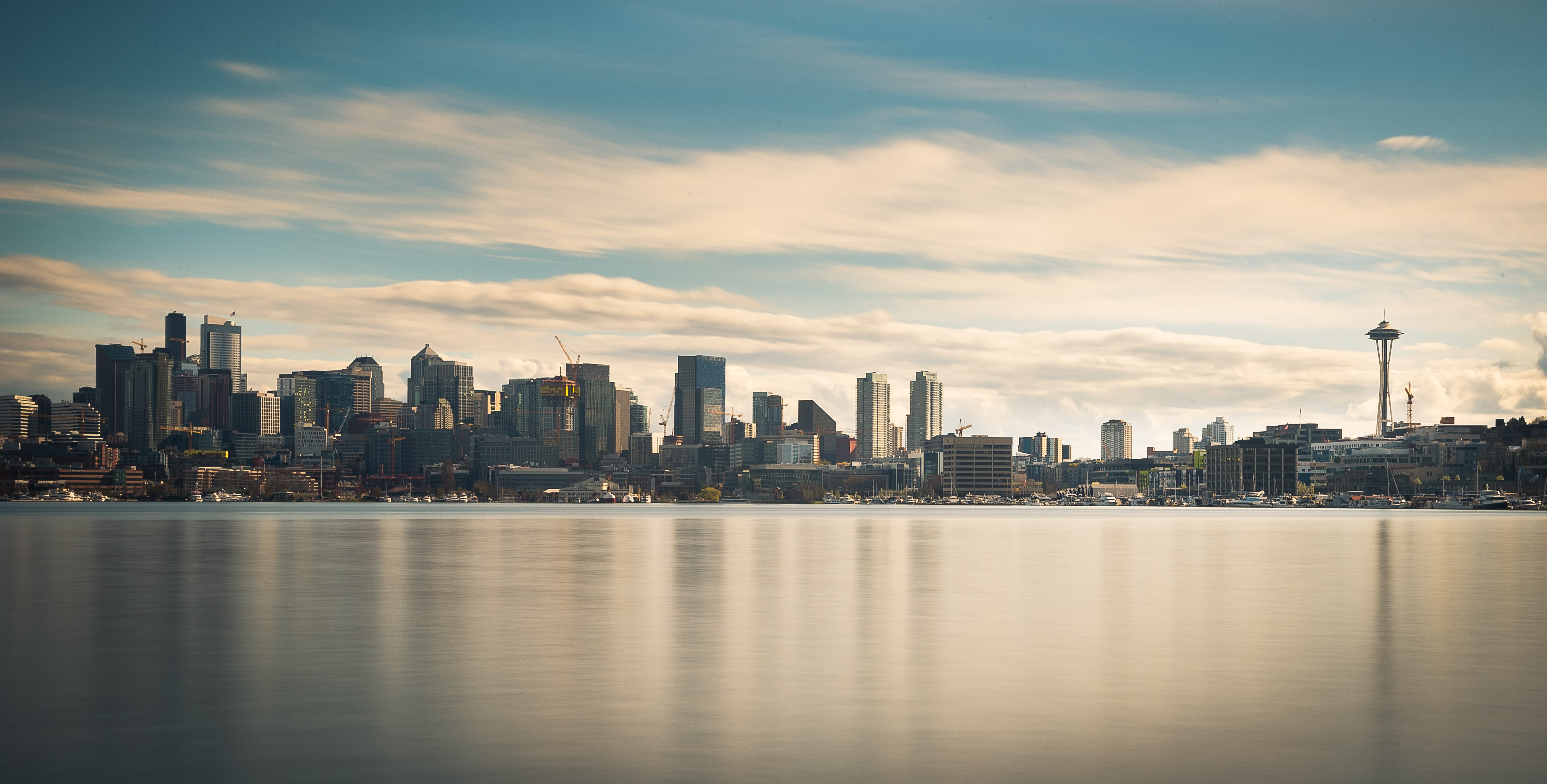 outdoors, reflection, space needle, spire, united states, cloud - sky, modern, cityscape, water, no people, office building exterior, skyscraper, landscape, HD Wallpaper