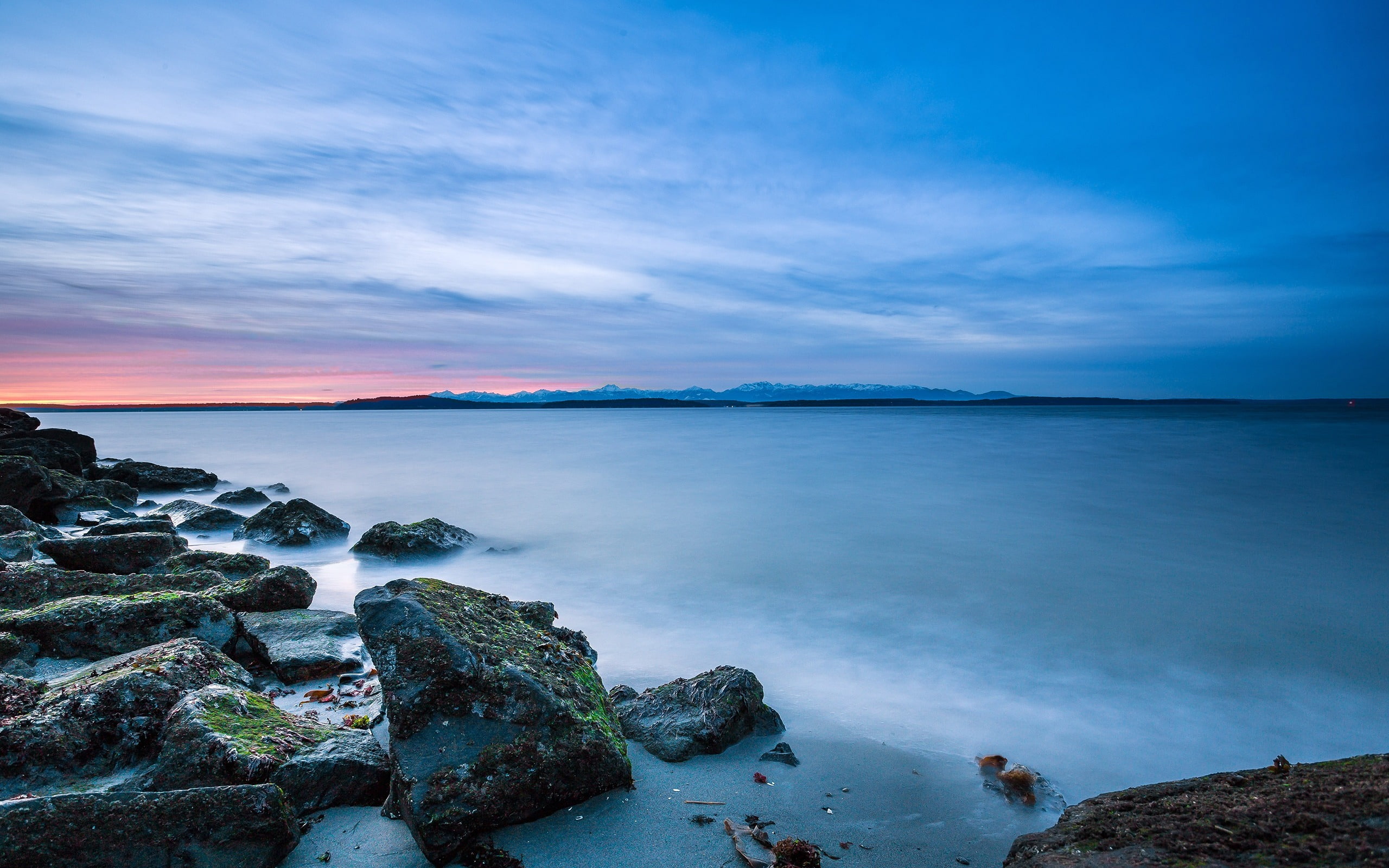 blue, calm, solid, photo, outdoors, sky, rock - object, hd, 2K, sunset, long exposure, tranquility, scenics - nature, sea, cloud - sky, beauty in nature, HD Wallpaper
