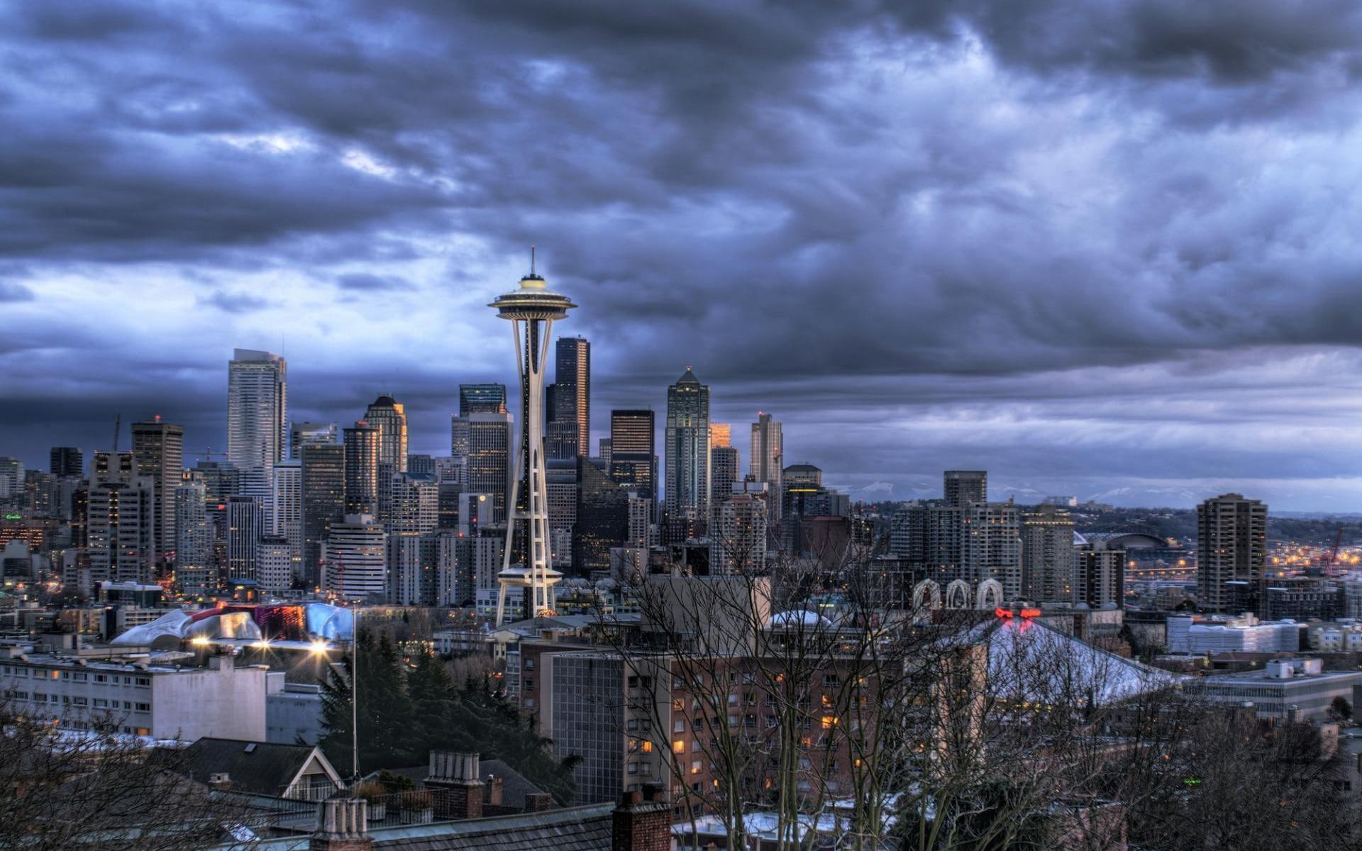 hdr, 1080P, needle, downtown, skyscrapers, clouds, nature and landscapes, wonderful, city, space, tower, HD Wallpaper