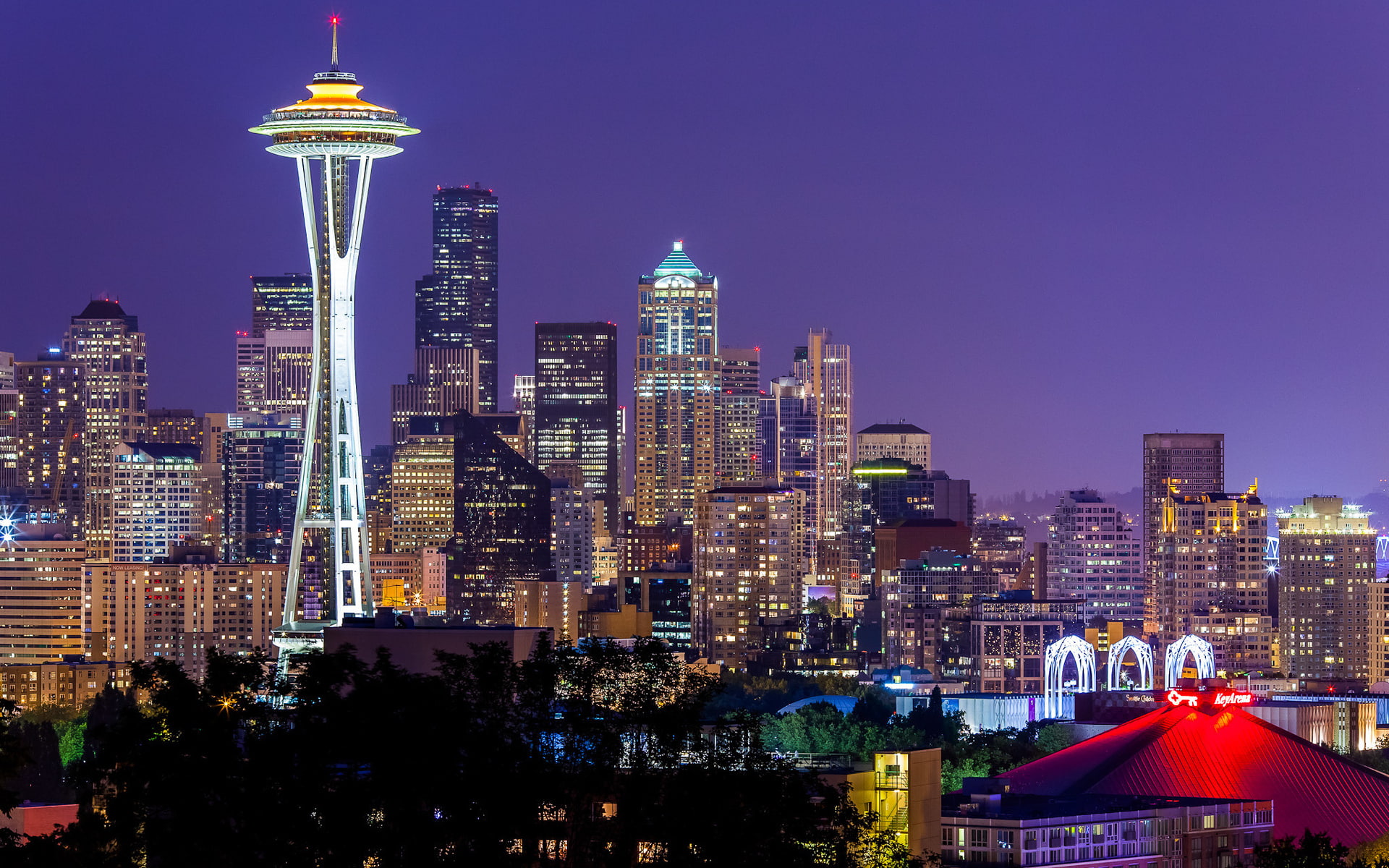 night, buildings, needle, space, seattle, lights, tower, washington, 1080P, architecture, sky, skyscraper, monument, HD Wallpaper
