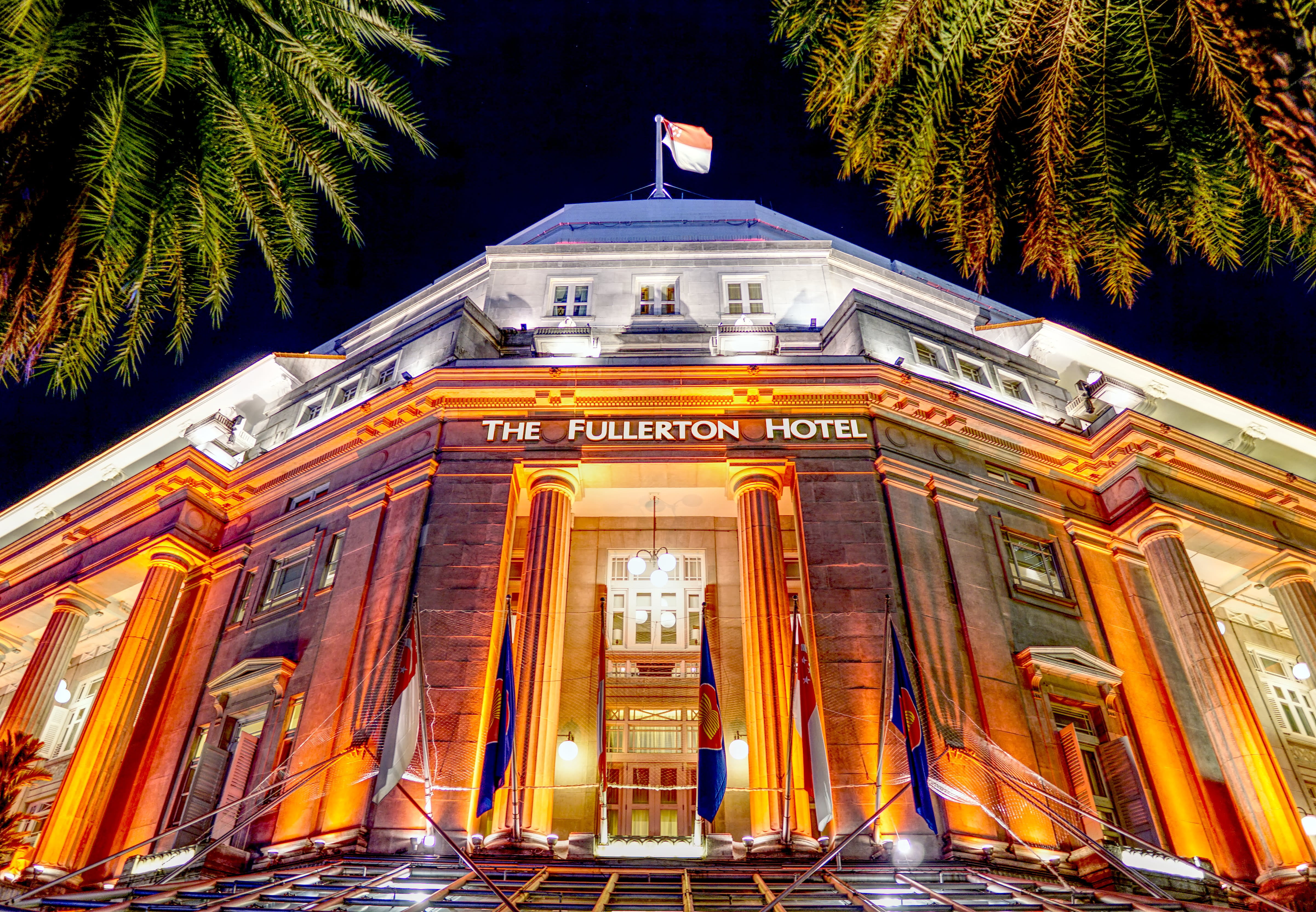 sky, Fullerton Hotel, architectural column, night, no people, wide-angle, tree, the past, nature, hotel, government, courthouse, history, 4K, singapore, HD Wallpaper