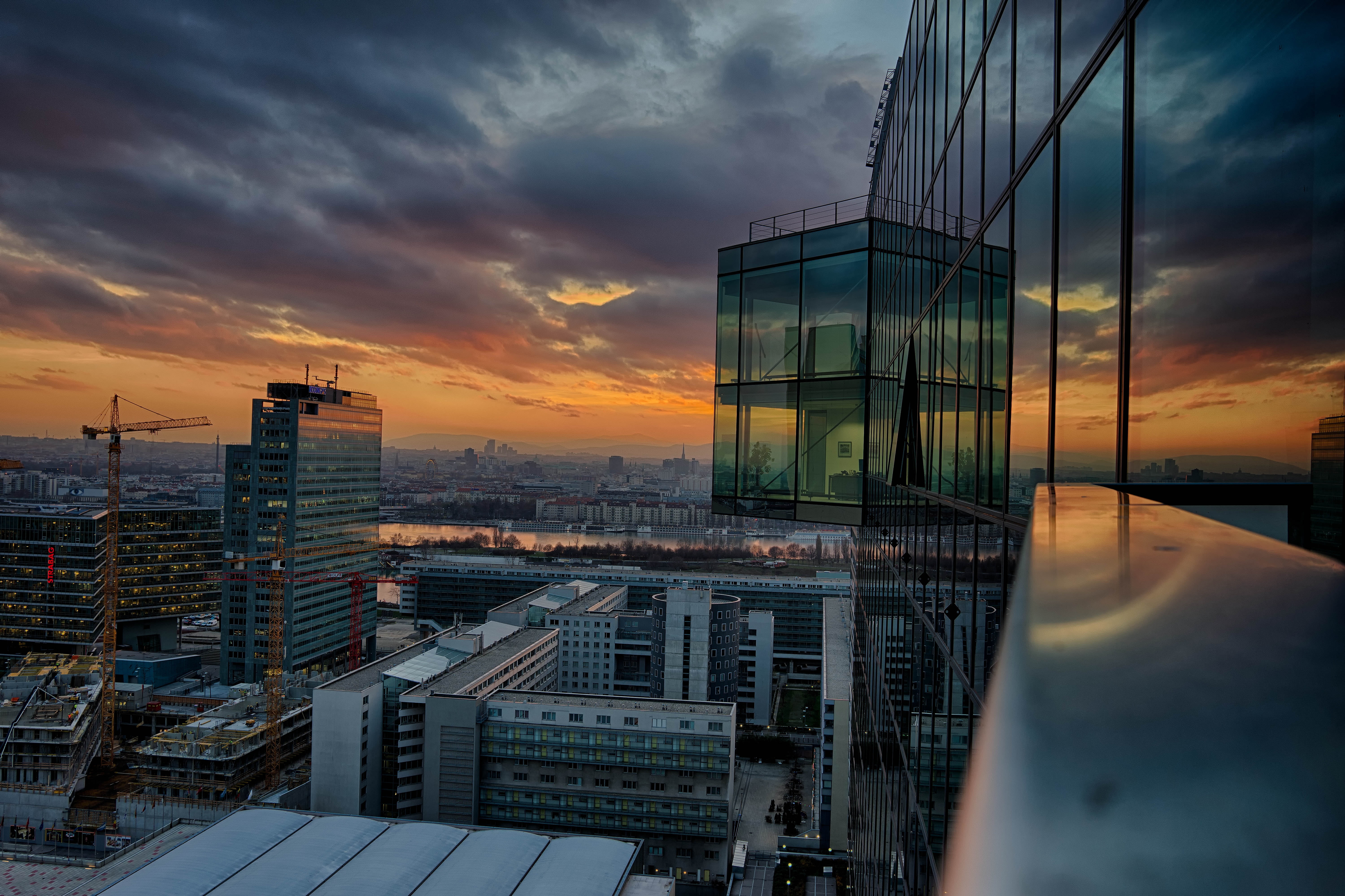 architecture, 5K, no people, austria, building Exterior, cityscape, view, nature, dusk, glass, reflection, vienna, sky, cloud - sky, city, city life, sunset, HD Wallpaper