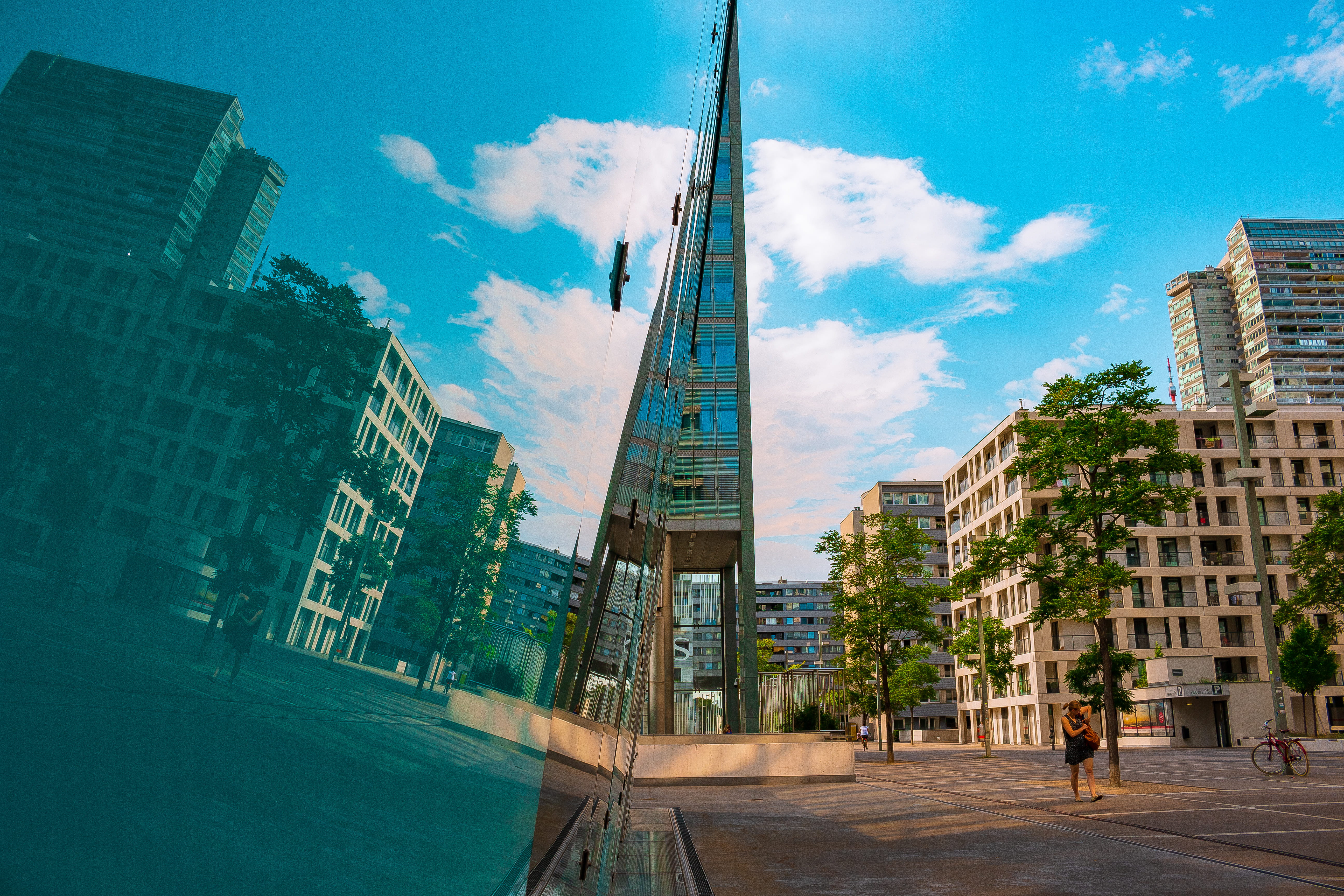 danube city, outdoors, nature, 5K, job, clouds, street, tower, tall - high, residential district, wohnpark donaucity, city life, tree, vienna, building exterior, HD Wallpaper