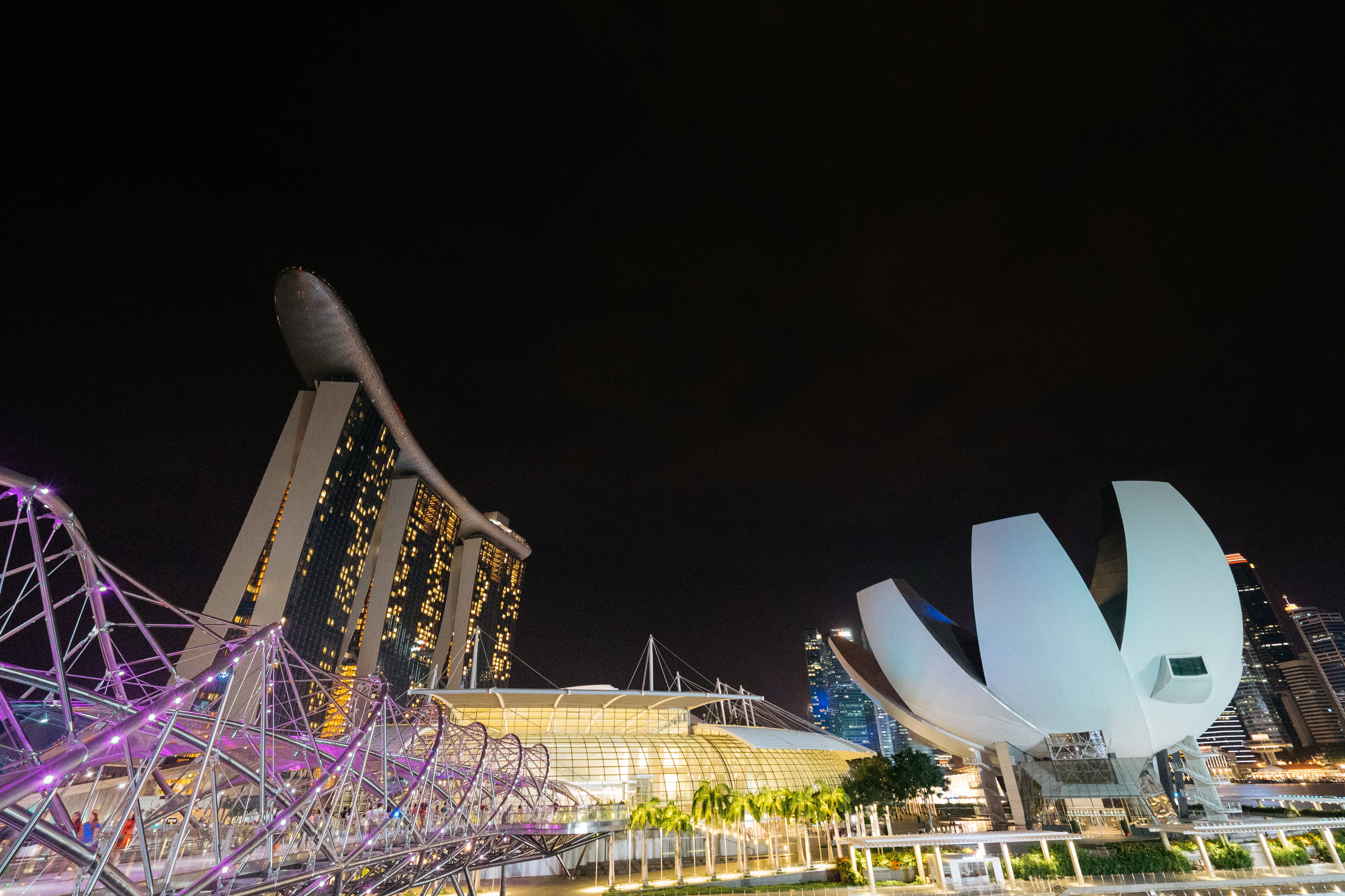 tourism, no people, illuminated, building, singapore, travel destinations, modern, built structure, helix bridge, nature, amusement park, skyline, marina bay, HD Wallpaper