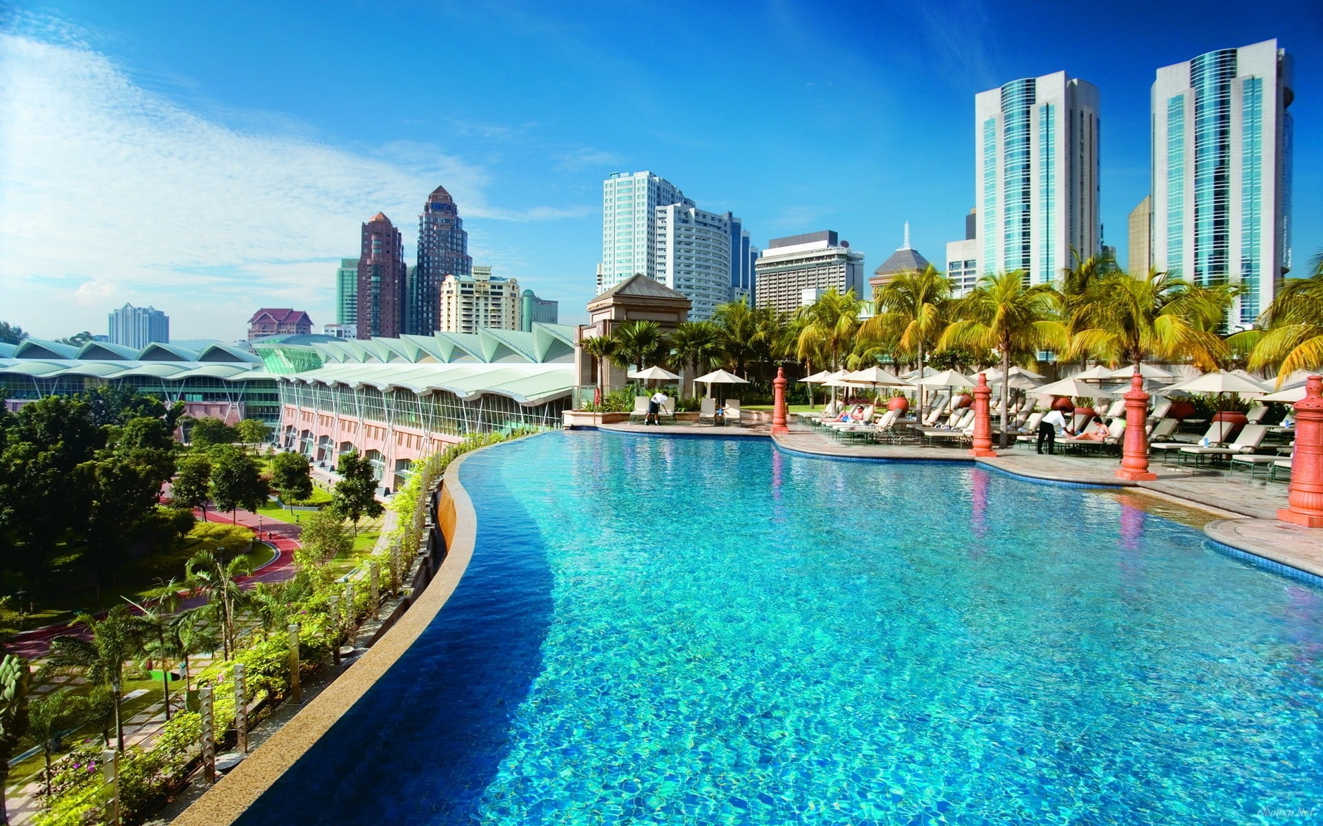 cityscape, urban skyline, plant, lumpur, travel destinations, pool, building exterior, turquoise colored, modern, water, skyscraper, Cityscapes, concrete, HD Wallpaper