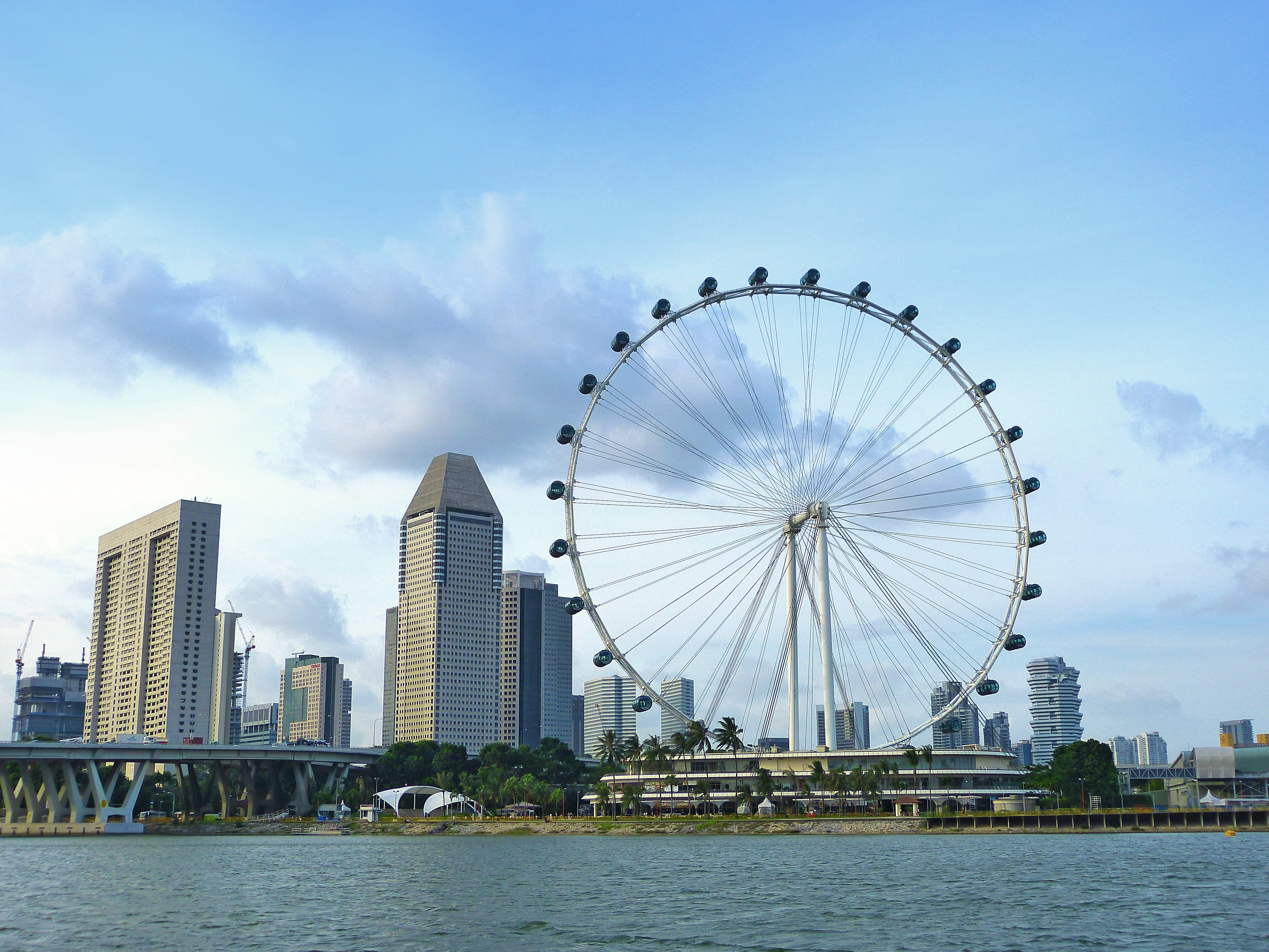 river, sky, Ferris Wheel, clouds, urban Skyline, travel Destinations, urban Scene, blue sky, bridge, skyline, office building exterior, architecture, singapore flyer, HD Wallpaper