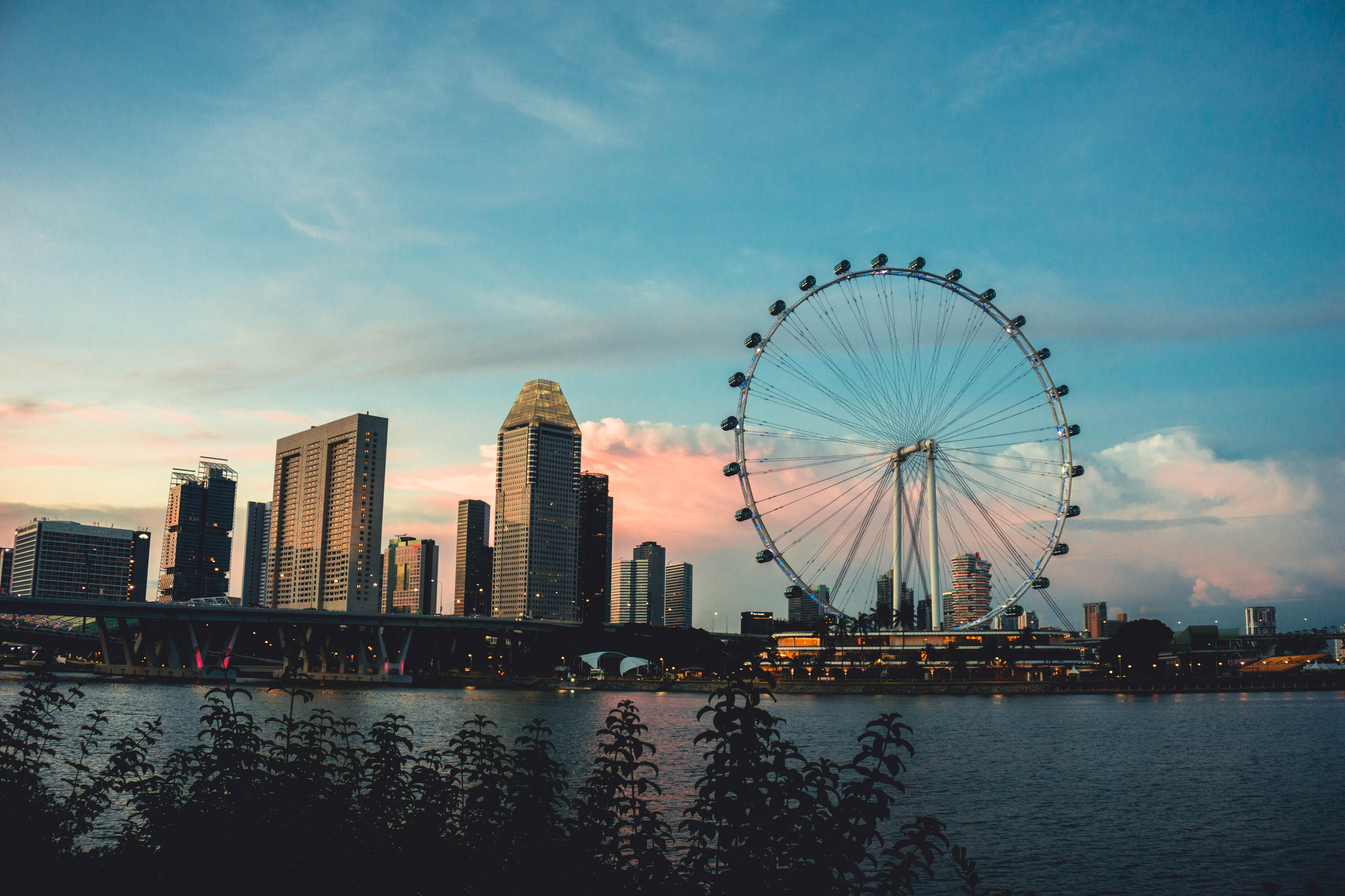 skyscraper, wheel, modern, pink, urban skyline, nature, city, architecture, buildings, no people, sky, singapore flyer, blue, cityscape, built structure, HD Wallpaper