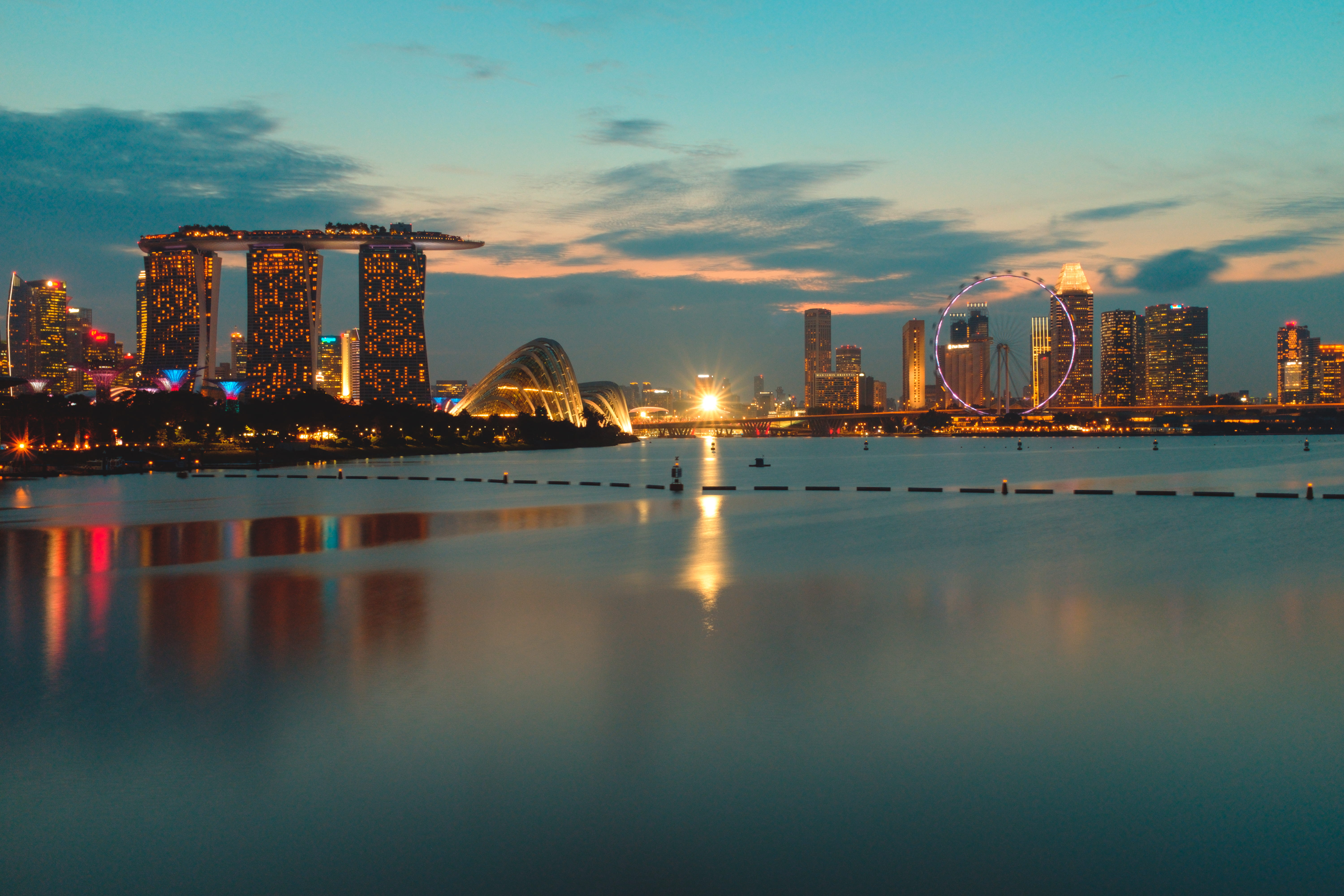 light, modern, singapore, bulb, sky, office building exterior, gardens by the bay, no people, illuminated, water, mb, sunset, photography, nighttime, 5K, HD Wallpaper