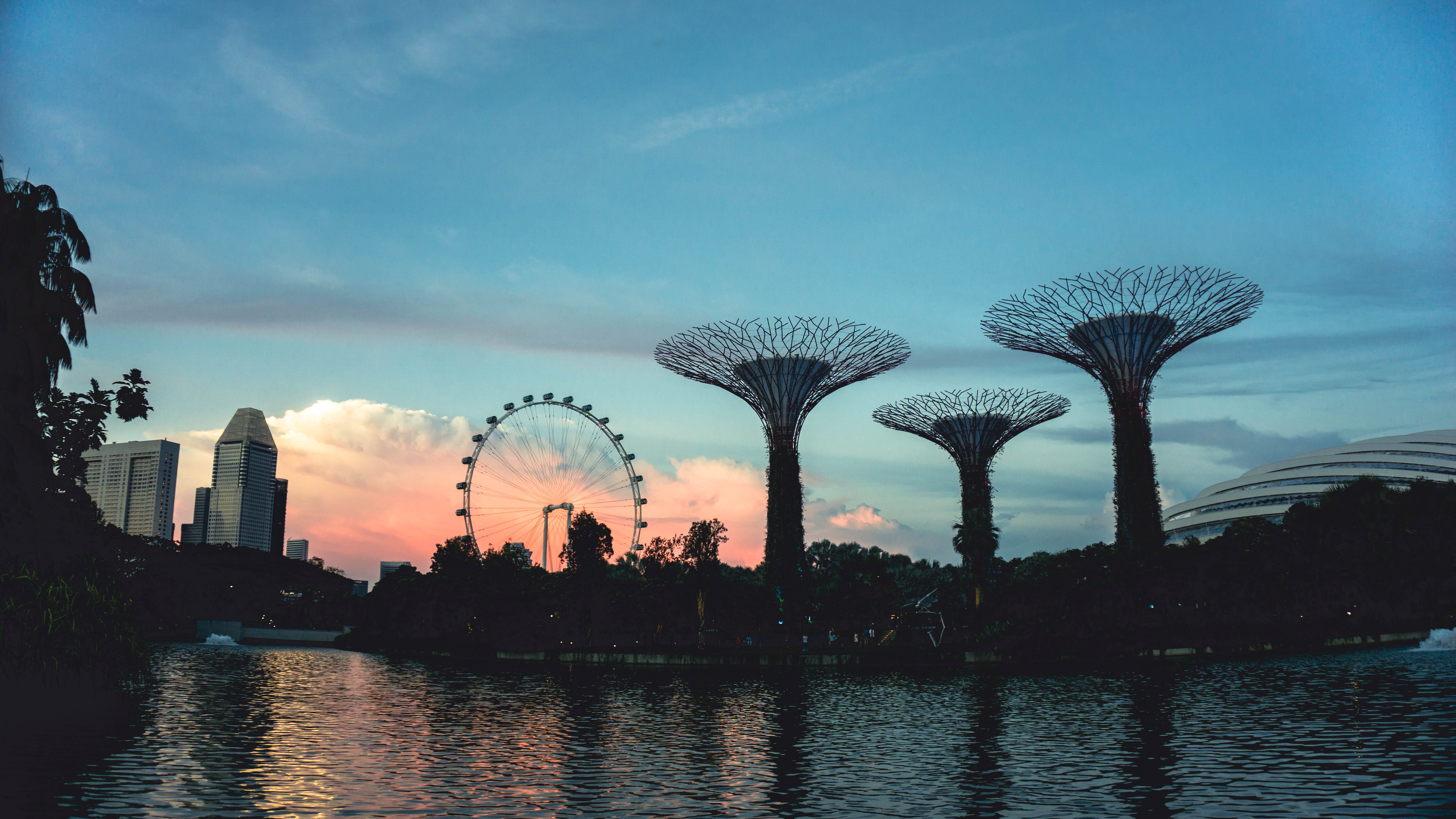 outdoors, water, sunset, city, colours, skyscraper, buildings, sky, office building exterior, reflection, gardens by the bay, cityscape, building exterior, HD Wallpaper