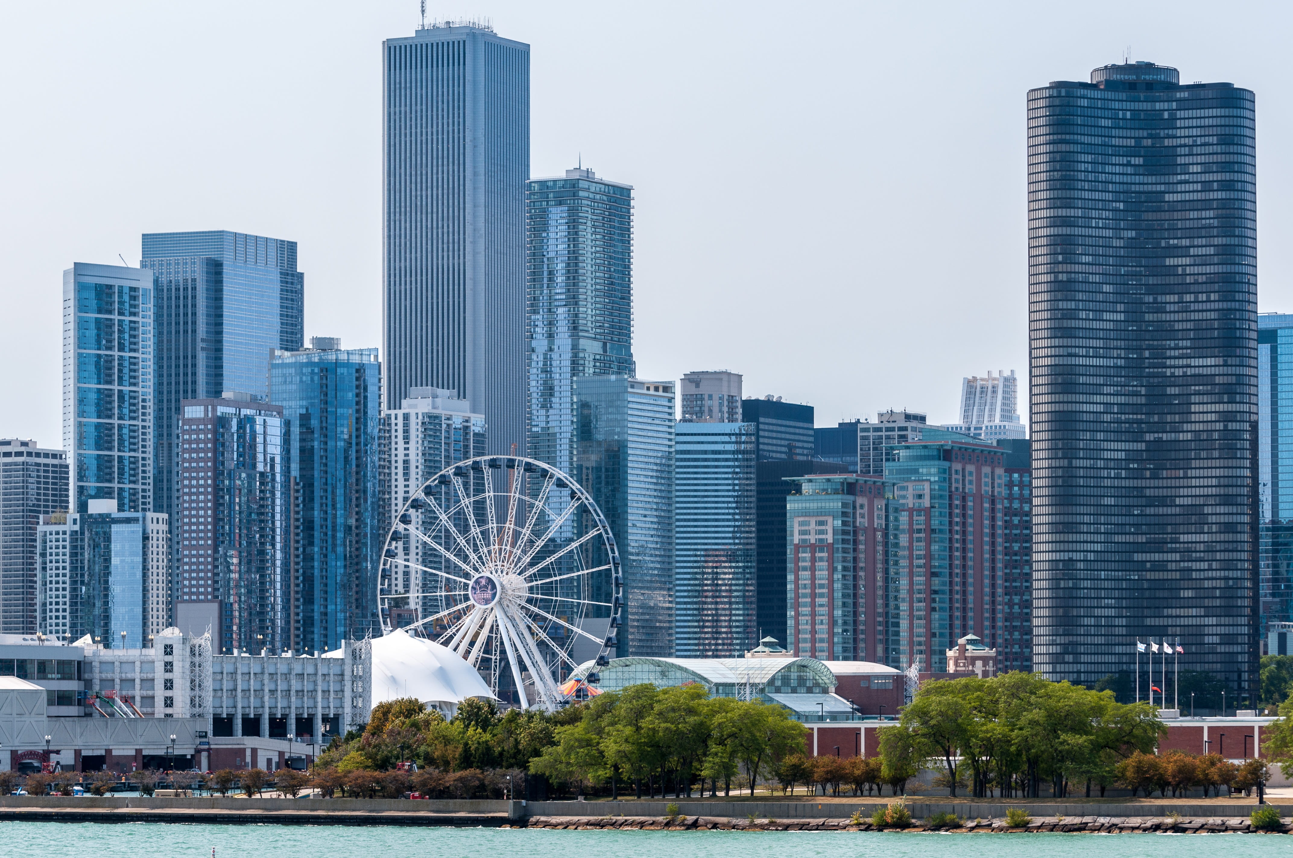 skyscraper, built structure, shoreline, tall buildings, urban, building exterior, urban skyline, modern, nature, flyer, no people, lake michigan, amusement park ride, HD Wallpaper