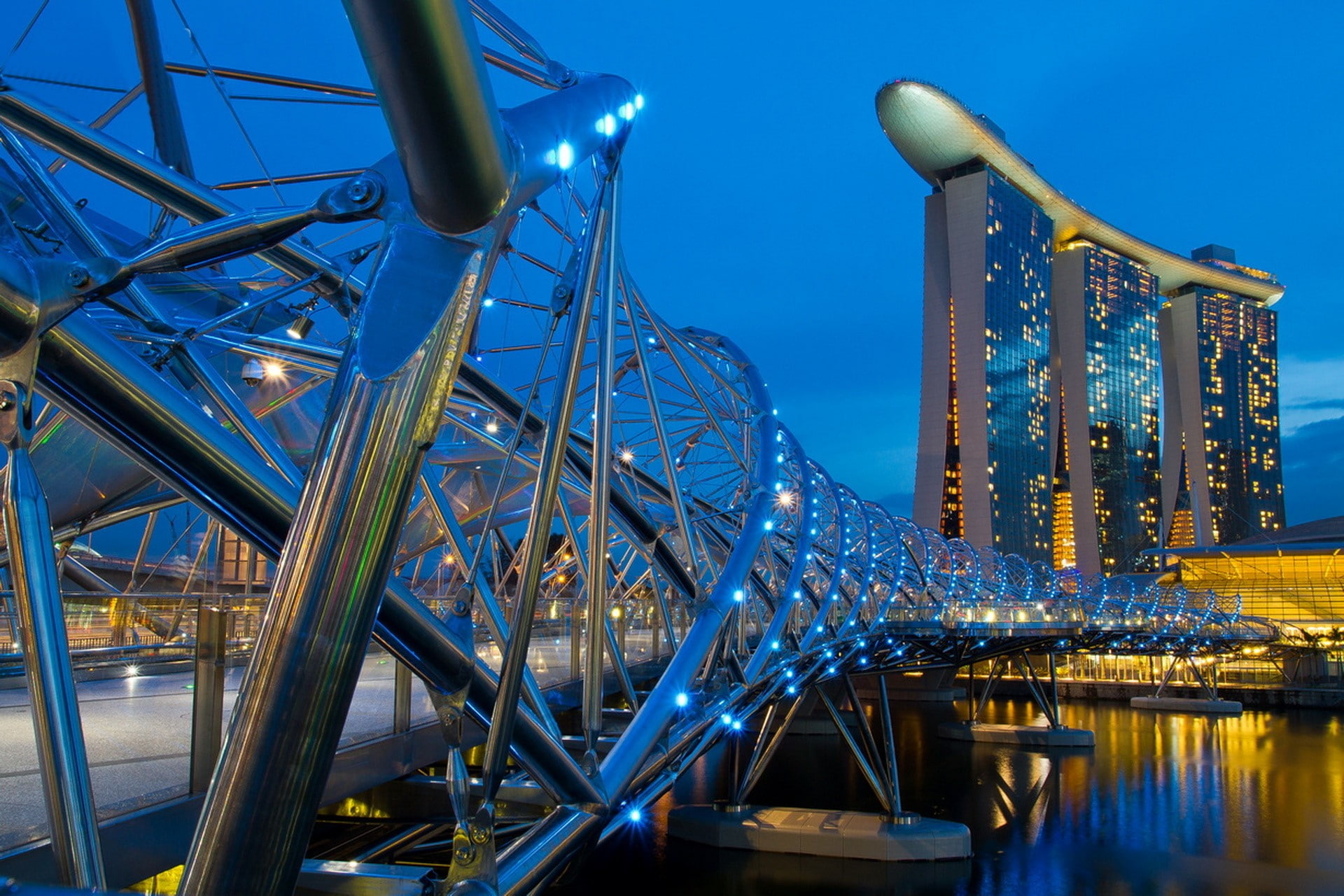 arts culture and entertainment, amusement park ride, sky, River, building exterior, Evening, no people, illuminated, connection, water, metal, nature, Singapore, HD Wallpaper
