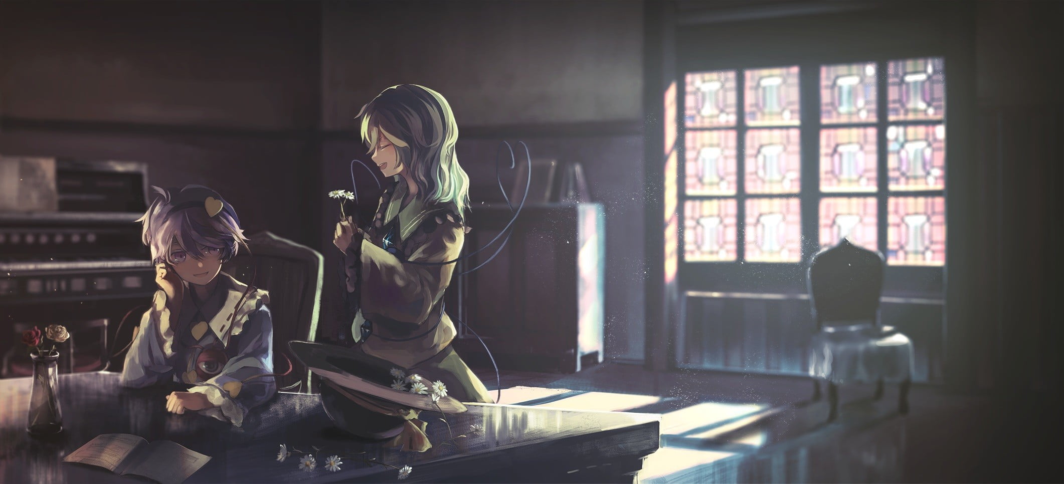 art and craft, Komeiji Satori, people, sitting, adult, young adult, book, anime girls, 1080P, women, men, anime, architecture, Komeiji Koishi, building, HD Wallpaper