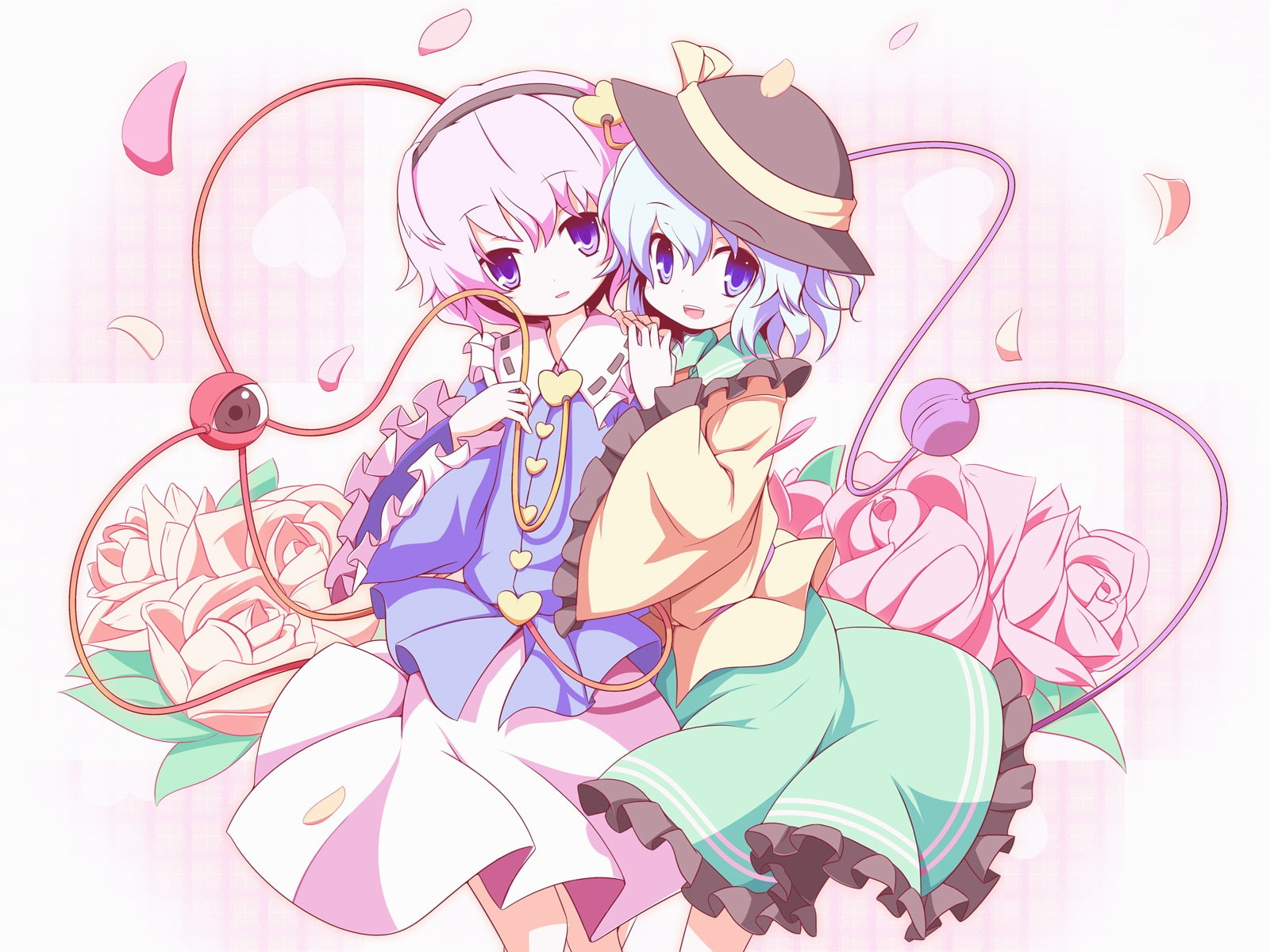 720P, Komeiji Koishi, choice, healthcare and medicine, still life, studio shot, pink color, indoors, women, Touhou, anime girls, Komeiji Satori, close-up, HD Wallpaper