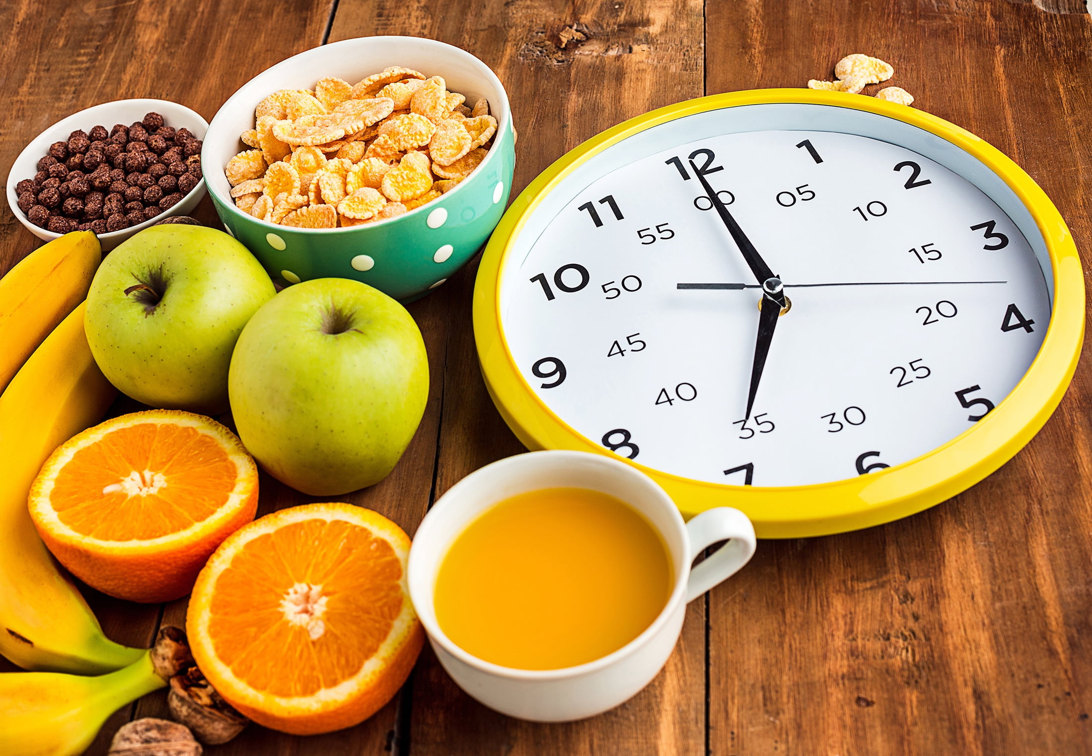 Still Life, 1080P, Banana, Fruit, Apple, Breakfast, Cereal, Food, Juice, Clock, orange (Fruit), HD Wallpaper