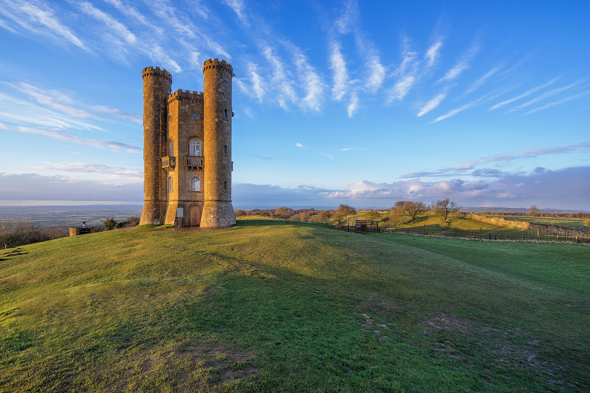 Middle Hill, hill, tower, Broadway Tower, the sky, England, clouds, 1080P, HD Wallpaper