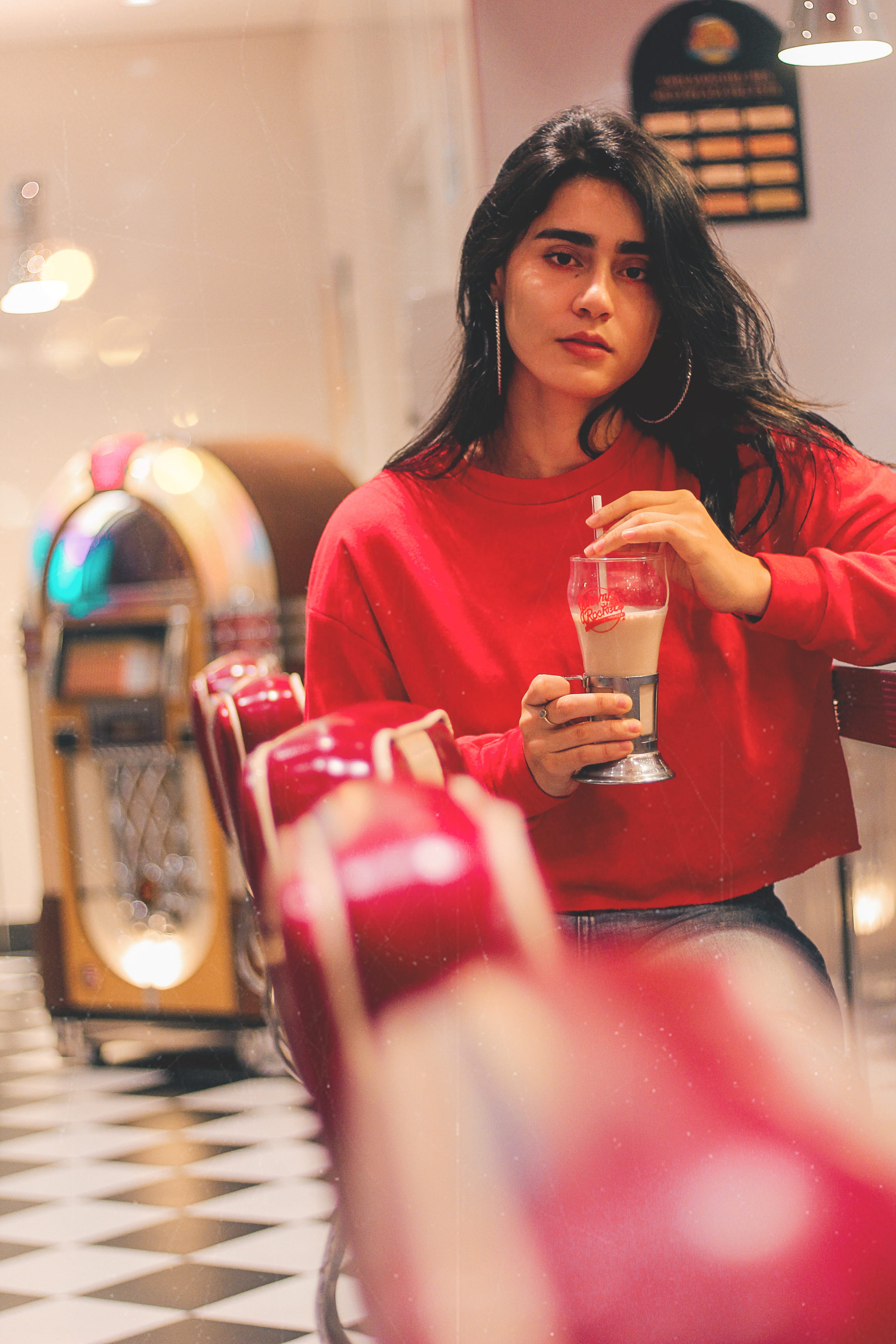 vintage, food and drink, red, 2K, leisure activity, beauty, young women, one person, milkshake, hair, real people, beautiful woman, portrait, 90s, drink, Phone HD Wallpaper