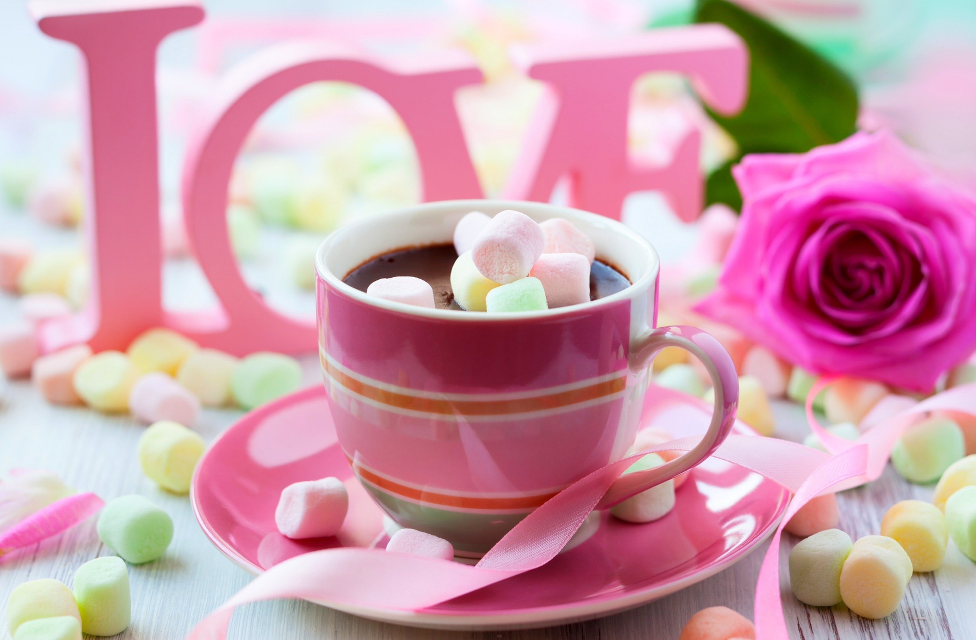 flower, Valentines Day, hot chocolate, pink, sugar, passion, coffee, marshmallow leaf Konoha, 2K, chocolate, colorful, table, rose pink, drink, HD Wallpaper