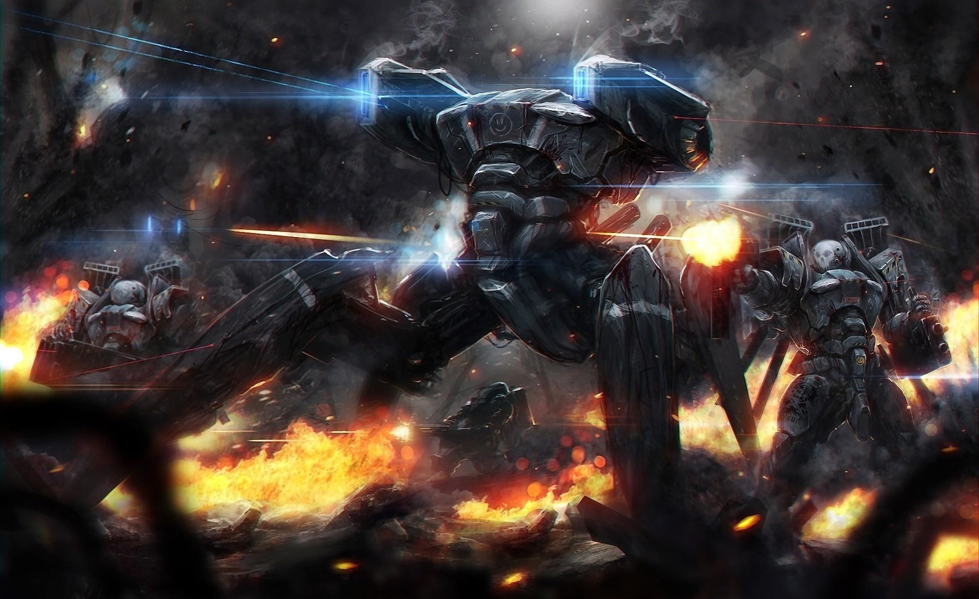 3d and abstract, smoke, fire, battle, mechs, lights, 1080P, firing, guns, stars, HD Wallpaper
