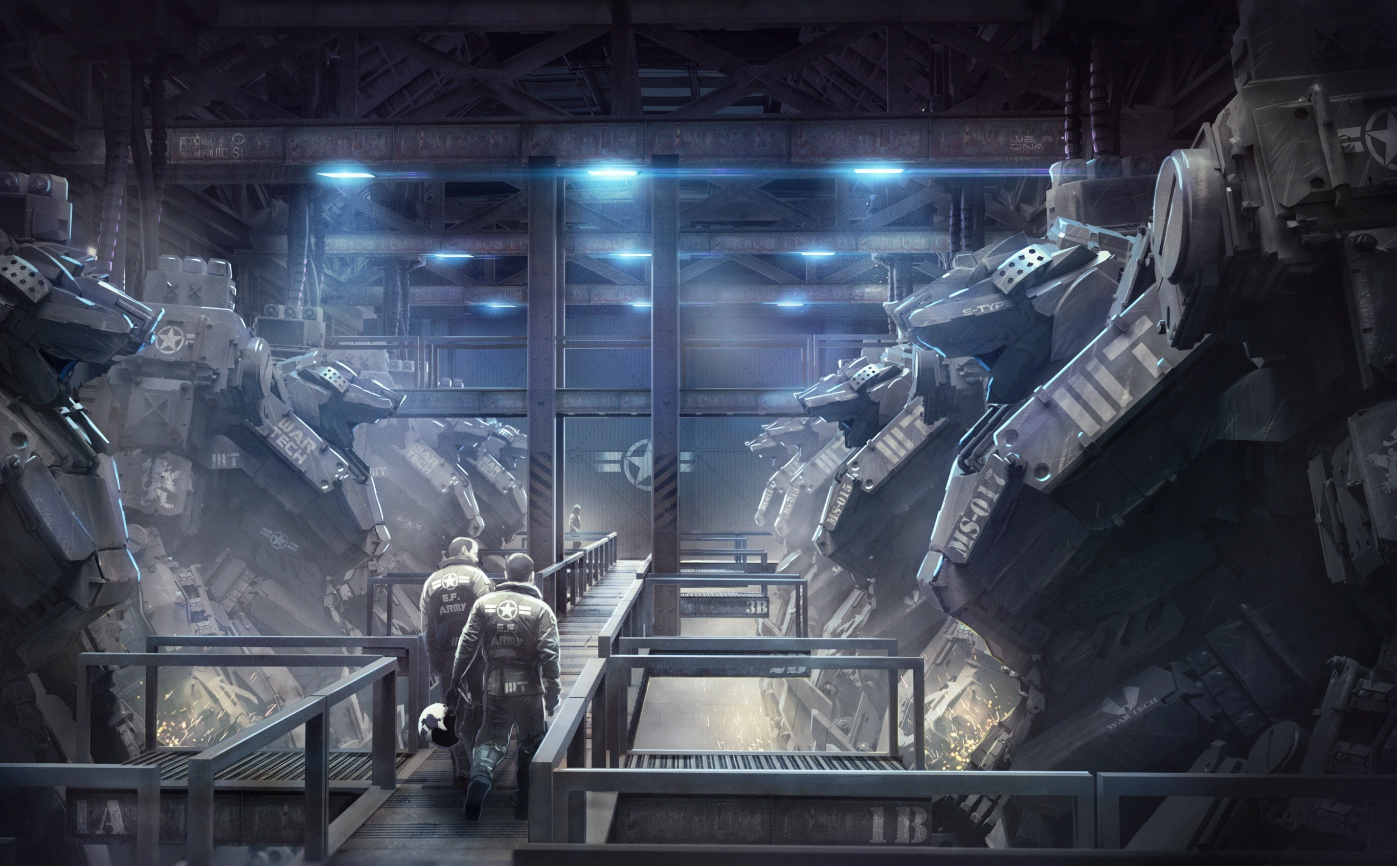 two, graphic, 2K, mech, pathway, metal, art, people, futuristic, HD Wallpaper