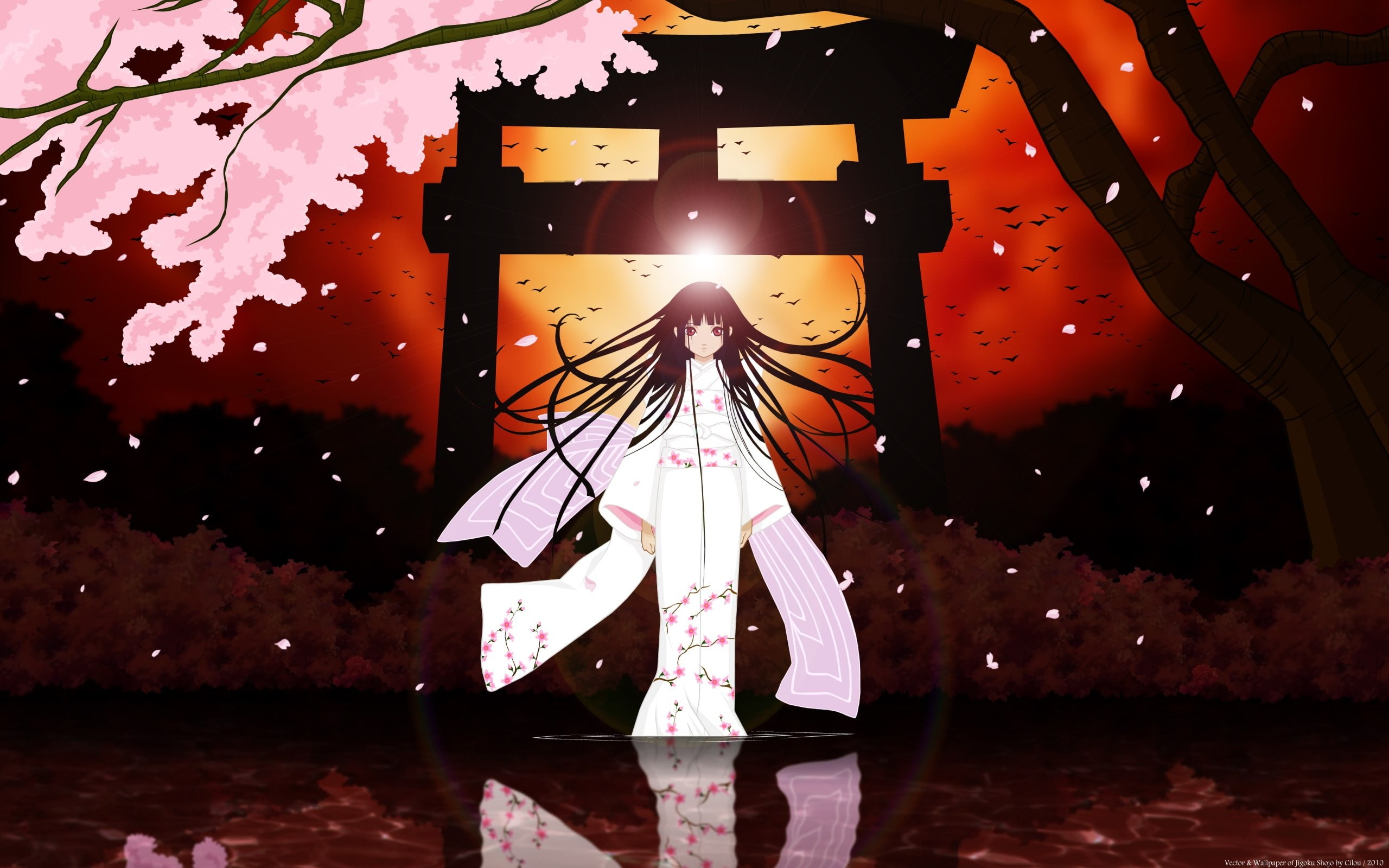 anime girls, 2K, cherry blossom, Enma Ai, anime, traditional clothing, Jigoku Shoujo, HD Wallpaper
