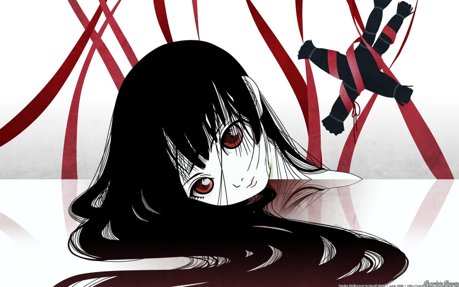 close-up, anime, portrait, arts culture and entertainment, red eyes, home interior, Enma Ai, long hair, studio shot, toys, young adult, headshot, red, simple background, HD Wallpaper