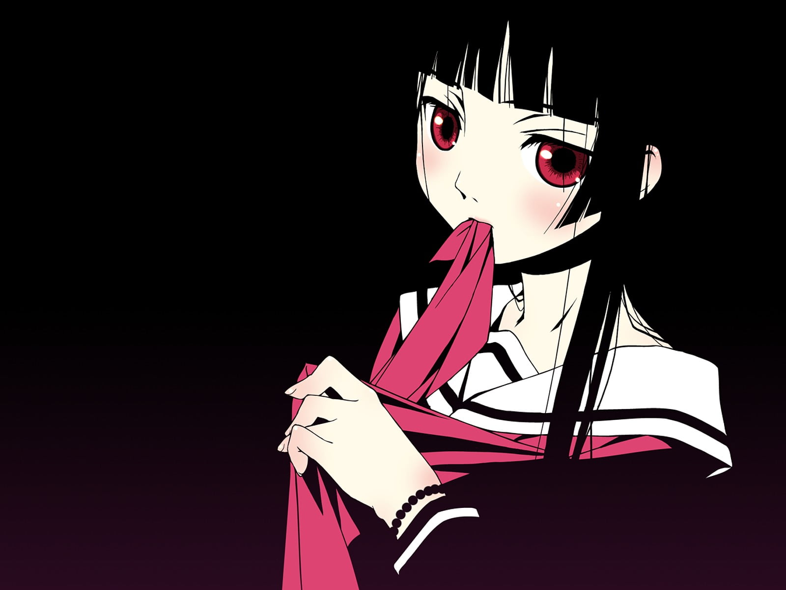 creativity, simple background, Enma Ai, Jigoku Shoujo, red eyes, indoors, girls, lifestyles, human representation, toy, childhood, women, 720P, black background, HD Wallpaper