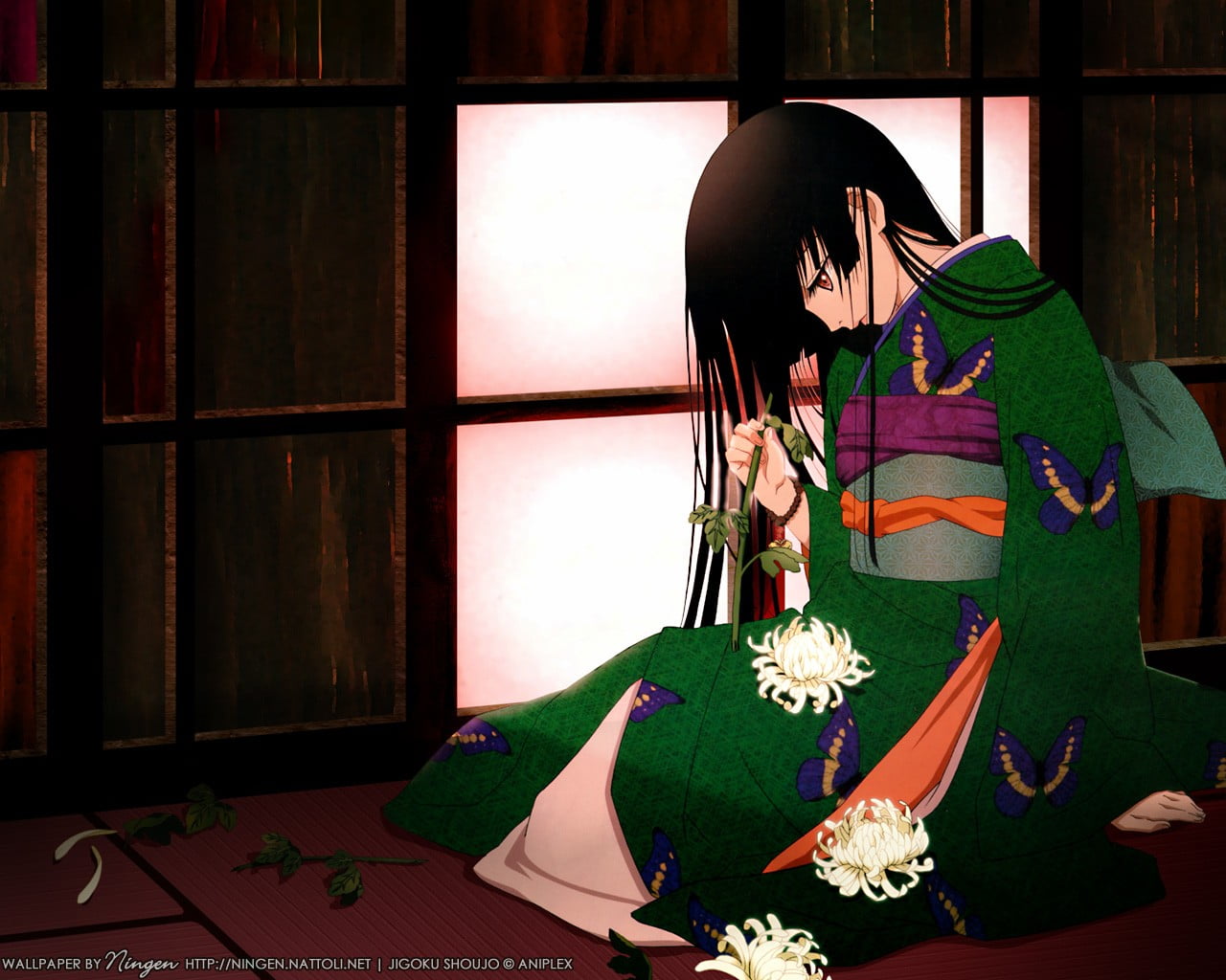 anime girls, real people, lifestyles, 720P, sitting, women, clothing, indoors, creativity, kimono, flower, Jigoku Shoujo, flowers, anime, arts culture and entertainment, HD Wallpaper