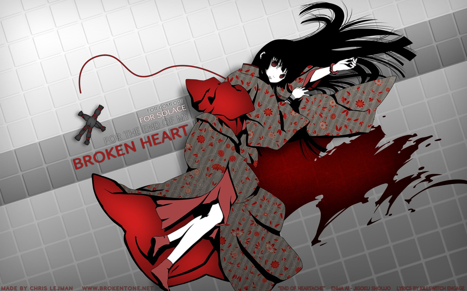 home, anime, human representation, long hair, standing, red, kimono, 1080P, Enma Ai, wall - building feature, flooring, one person, blood, text, lying down, HD Wallpaper