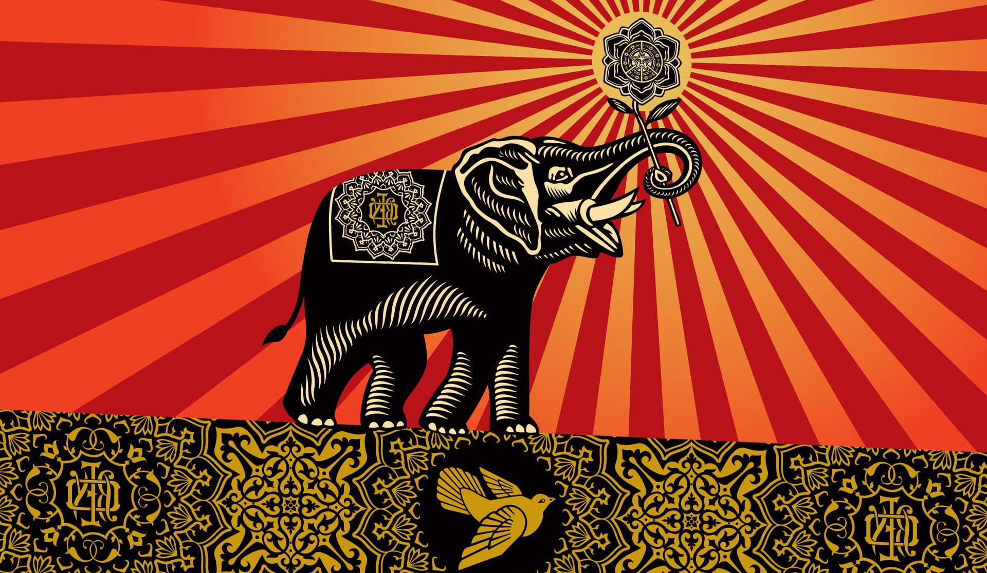 design, red, multi colored, obey elephants shepard fairey incase, representation, full length, 1080P, creativity, art and craft, elephant, mammal, indoors, HD Wallpaper