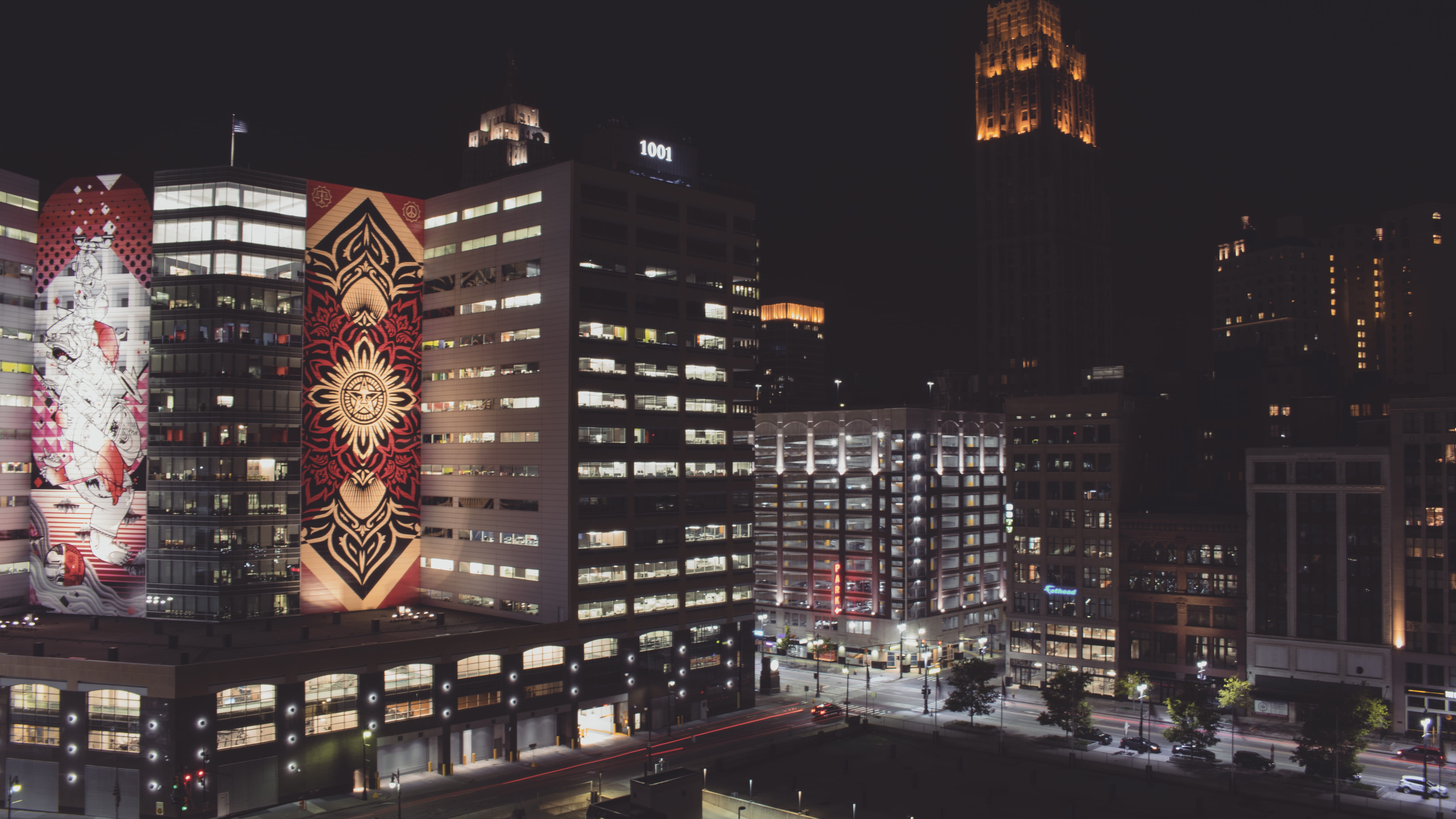 financial district, 5K, illuminated, office building exterior, obey, building, modern, residential district, transportation, street, night, no people, HD Wallpaper