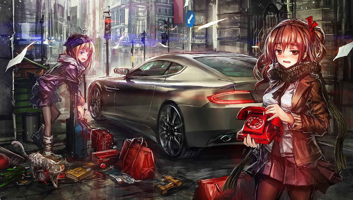 720P, anime girls, car, original characters, op-center, HD Wallpaper