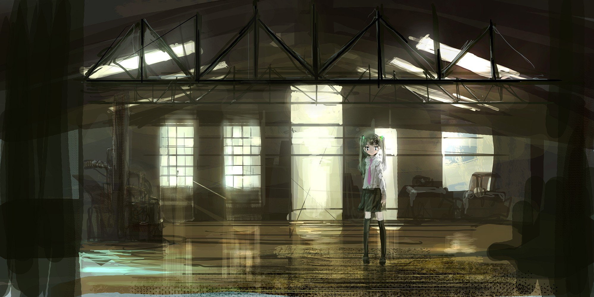 hair, characters, op center, original, twintails, 1080P, green, girls, anime, HD Wallpaper