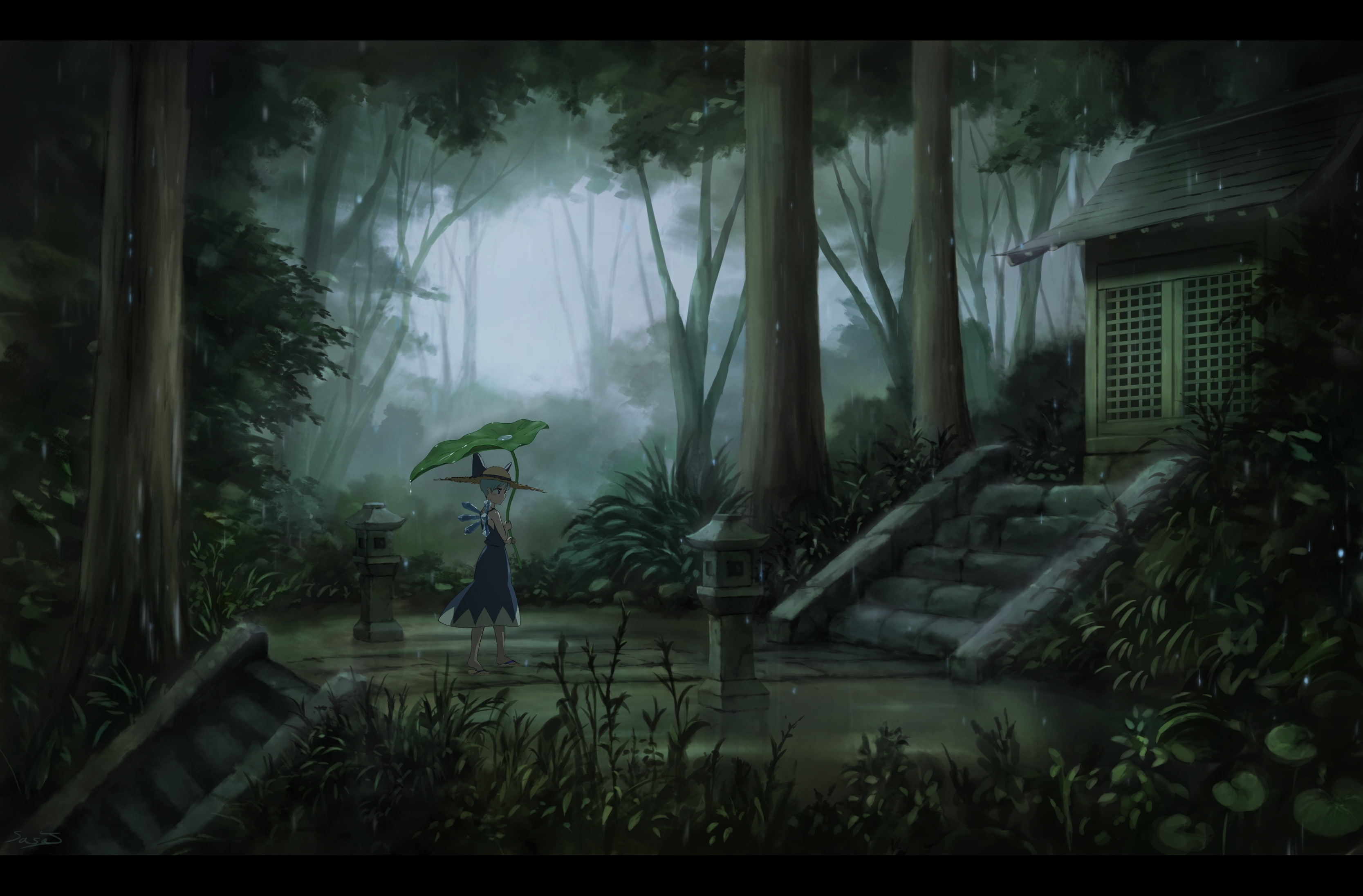 spooky, day, plant part, fog, green color, architecture, anime landscape, transfer print, outdoors, tree, built structure, forest, no people, cirno, plant, HD Wallpaper
