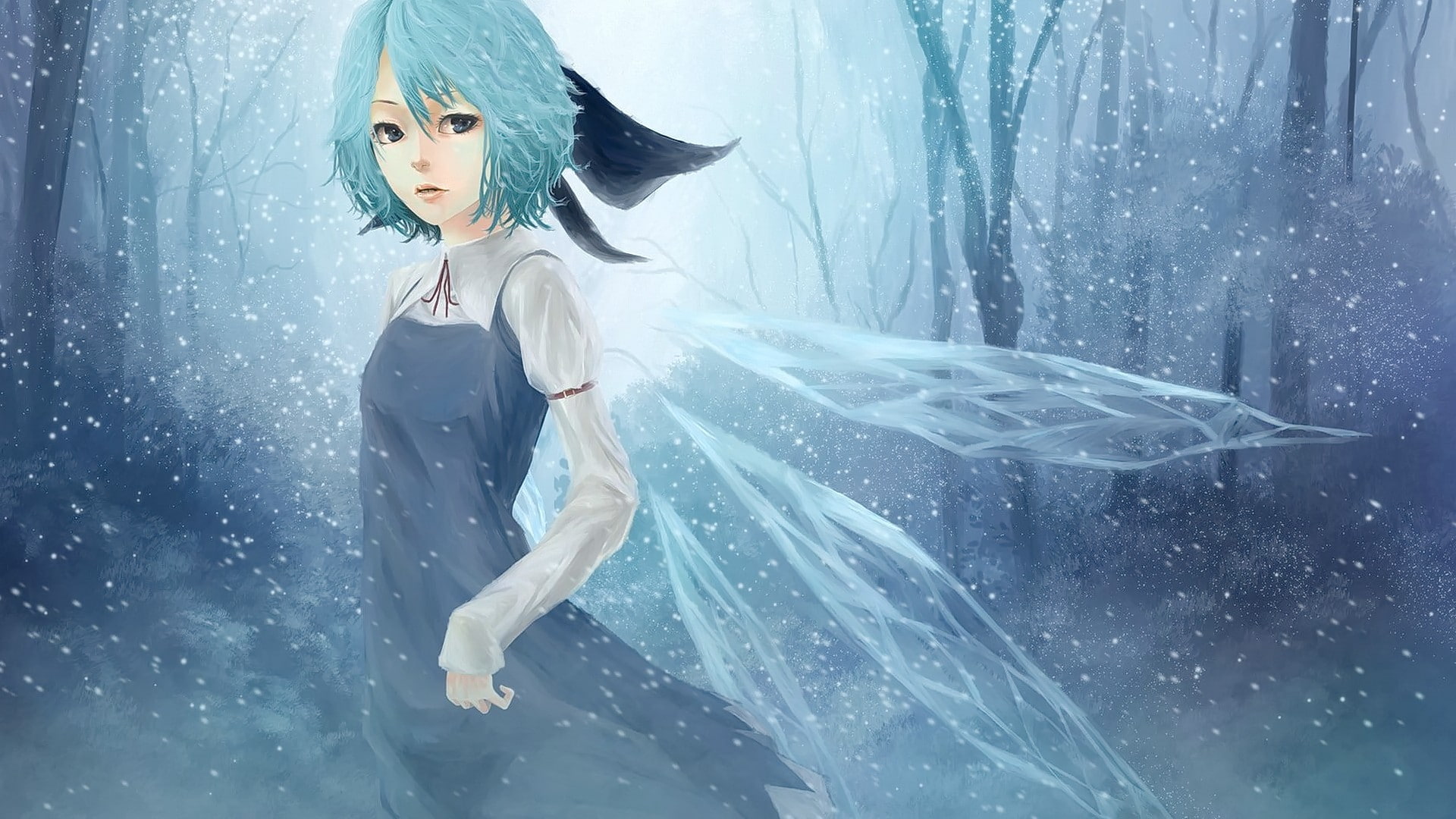 Cirno, anime, aqua hair, snow, short hair, anime girls, Touhou, looking at viewer, winter, forest, 1080P, green eyes, wings, HD Wallpaper