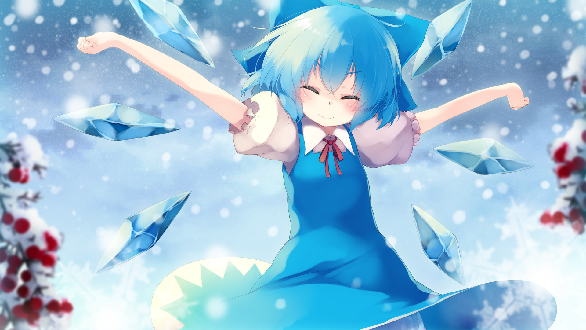 snow, konachan, winter, fairy, touhou, chihiro, gengetsu, com, wings, 1080P, short, 255978, dress, hair, cirno, aqua, HD Wallpaper