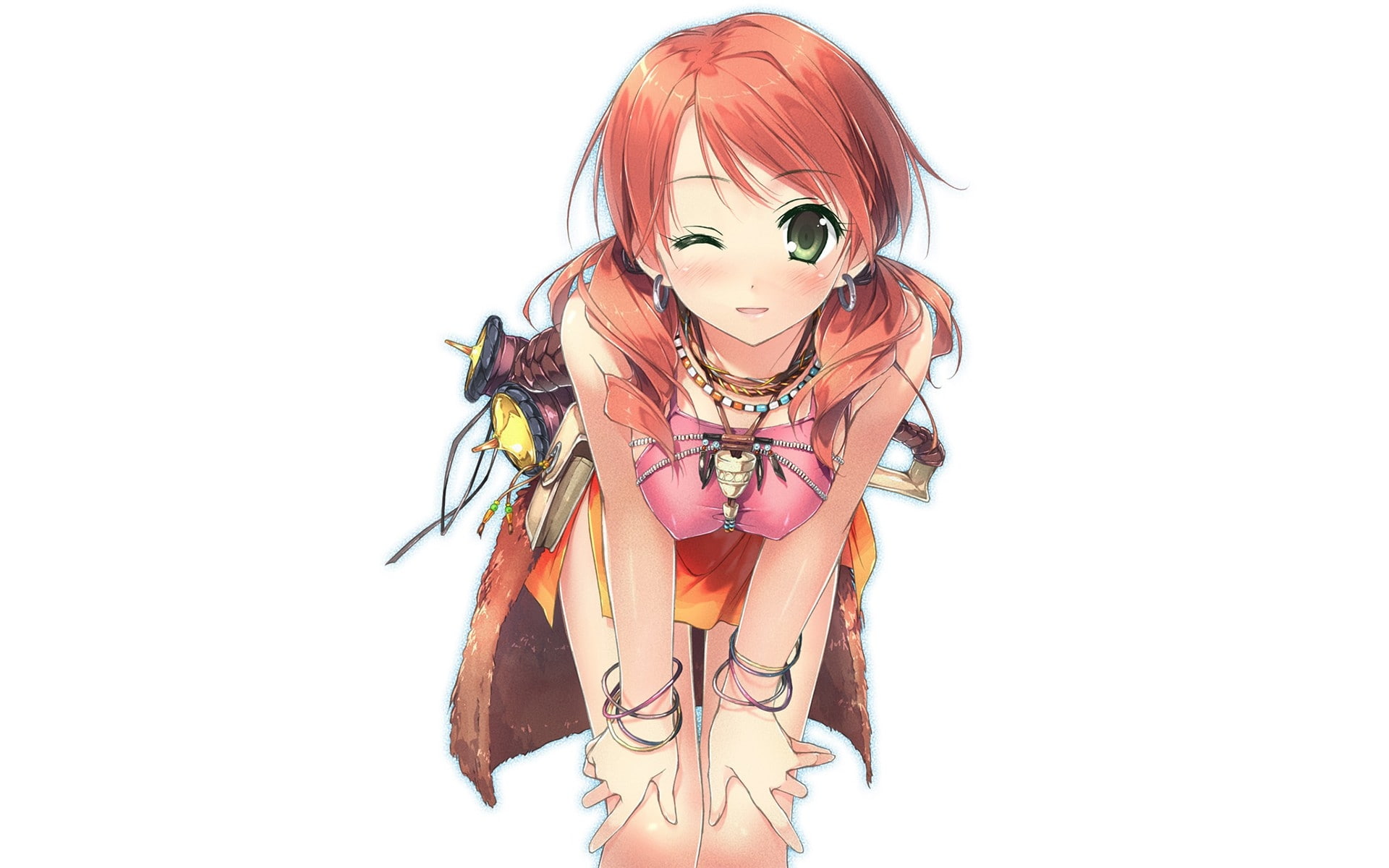 oerba, dia, anime, girls, vanille, xiii, blush, green eyes, redheads, 1080P, final, simple, art, eyes, hd, green, fantasy, white, background, b, HD Wallpaper