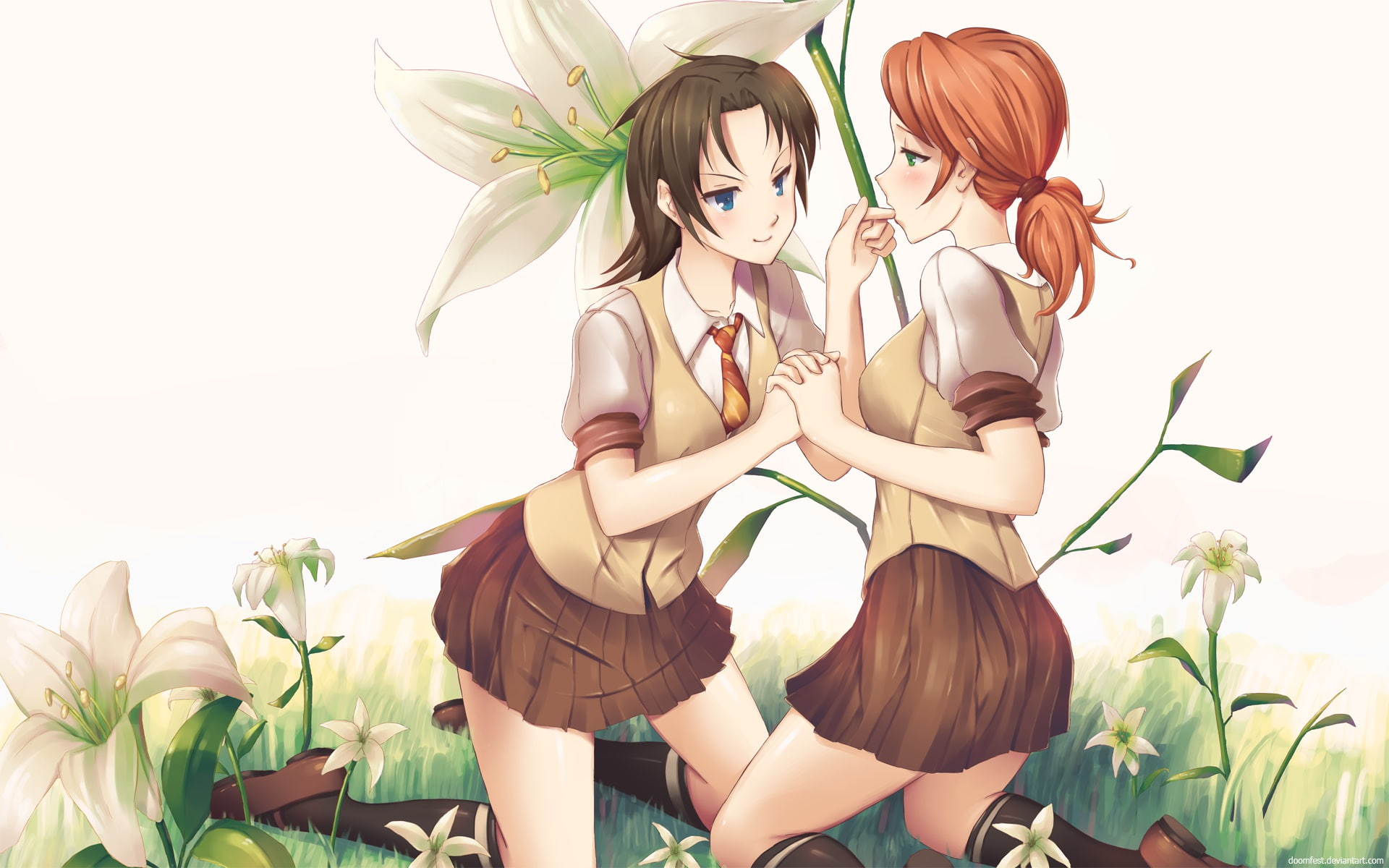 seifuku, fang, fantasy, oerba, kneehighs, girls, xiii, dia, doomfest, 1080P, ponytail, blush, yuri, orange, hair, final, vanille, yun, flowers, grass, HD Wallpaper
