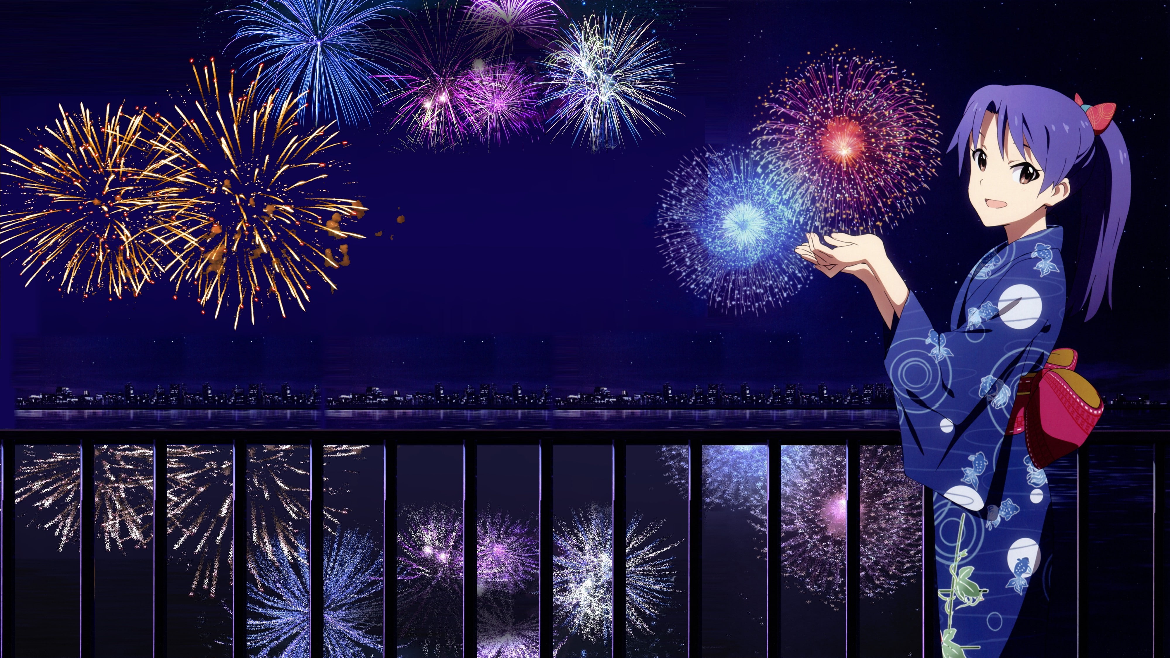 arts culture and entertainment, women, firework, outdoors, new years eve, standing, three quarter length, new year anime kimono fireworks the idolmster kisaragi chihaya, HD Wallpaper